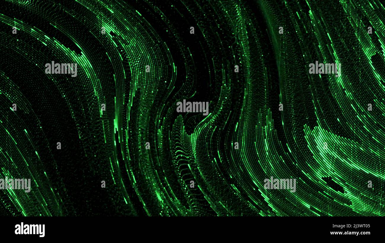 Flusso di liquido a matrice lucida. Movimento. Splendidi flussi di liquido cibernetico verde. Il liquido verde brillante a matrice si muove in flussi Foto Stock