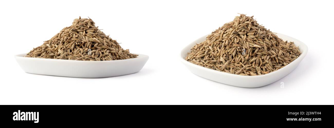 mucchio di semi di cumino, spezia popolare usato per cucinare, garam masala ingrediente, su un piatto bianco, diverse angolazioni, raccolta Foto Stock