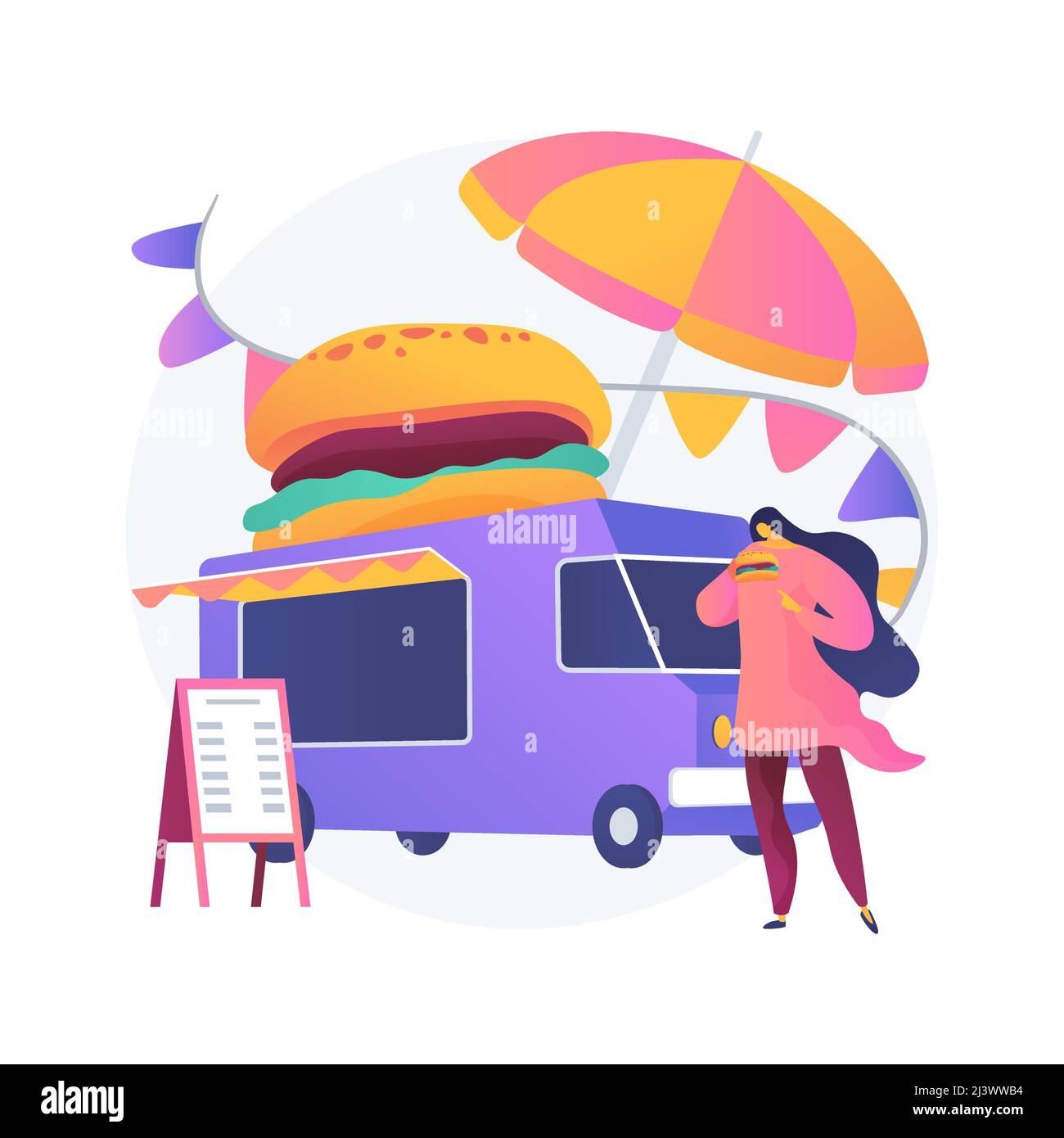 Street food festival astratto concetto di illustrazione vettoriale. Servizio di camion, evento alimentare locale, attività all'aperto, chef preparare pasti, internazionale m Illustrazione Vettoriale