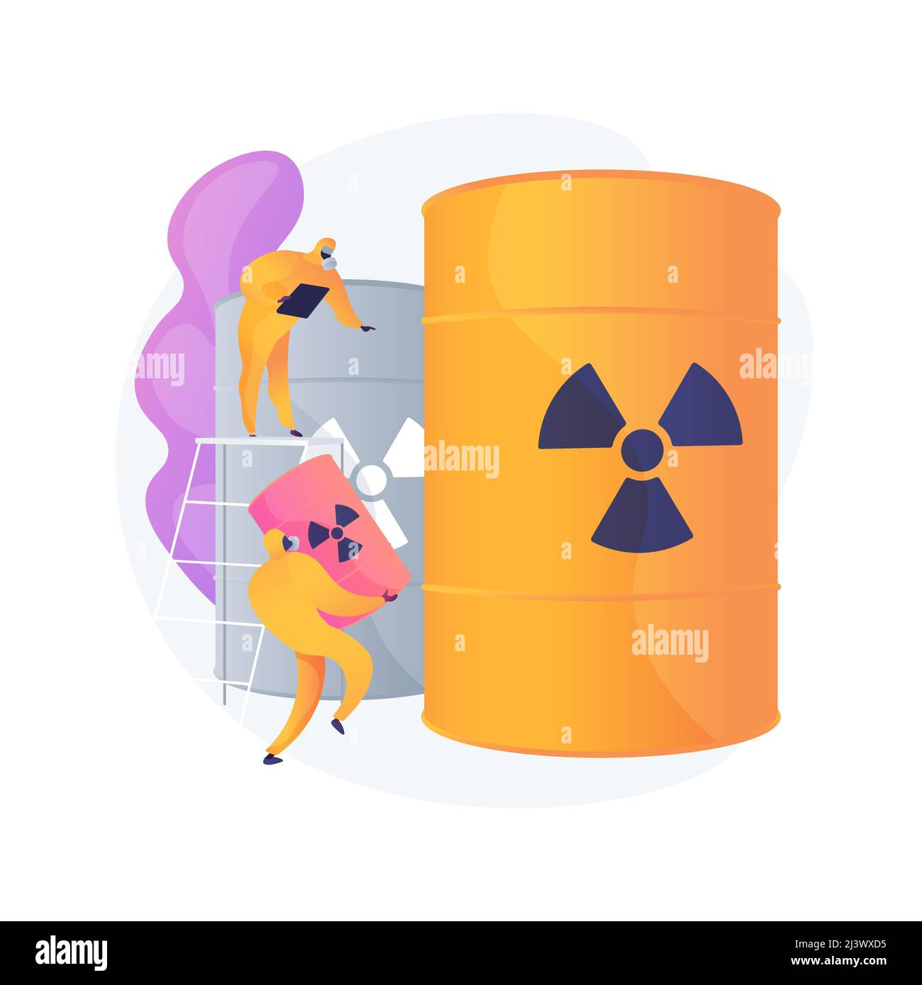 Barili radioattivi. Persone in tute protettive con arma biologica. Prodotti chimici. Sostanza velenosa, botti tossiche, pericolo nucleare. Il vettore è Illustrazione Vettoriale