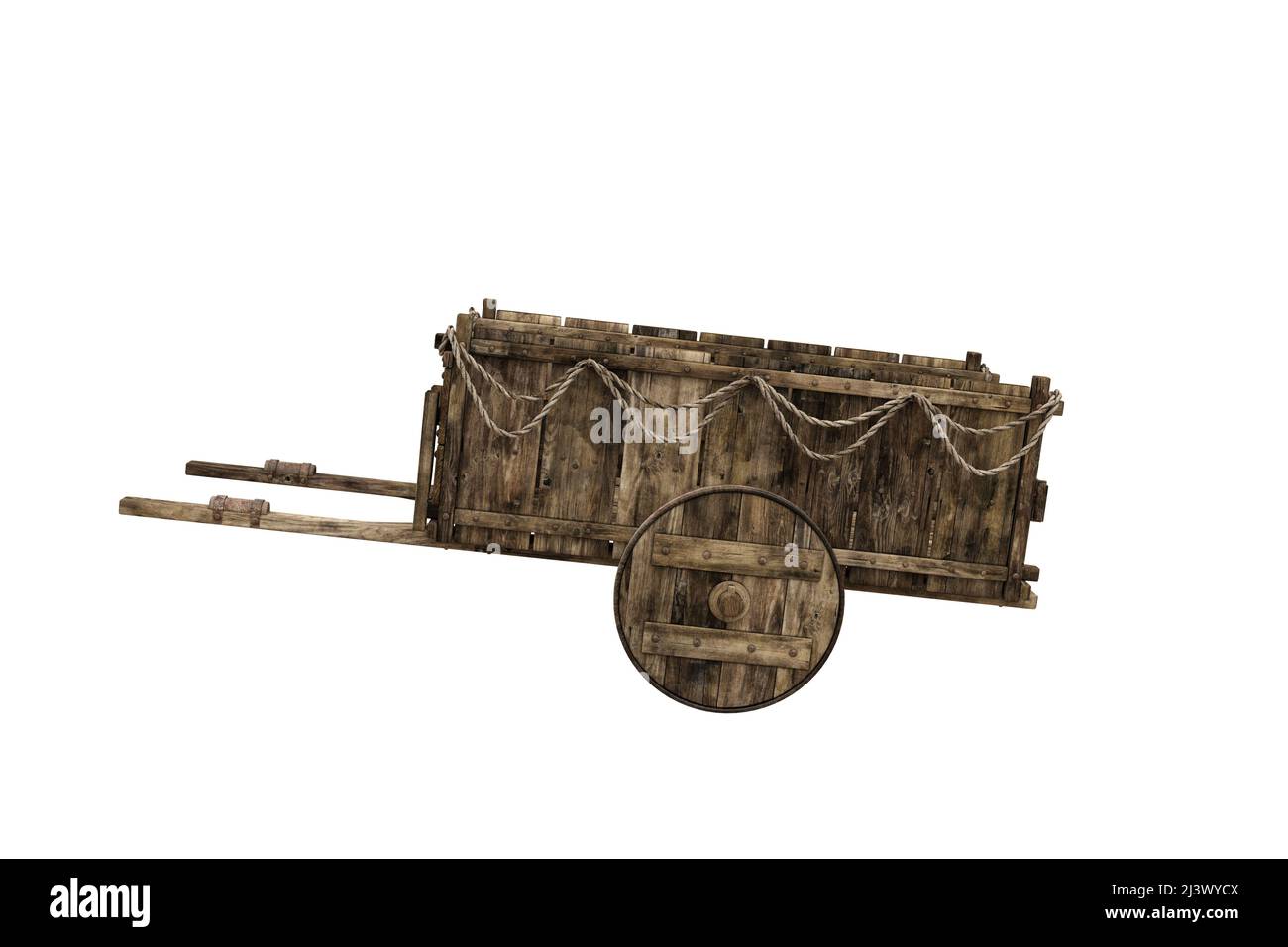 Carrello medievale in legno dalla vista laterale. 3D rendering isolato su sfondo bianco con tracciato di ritaglio. Foto Stock