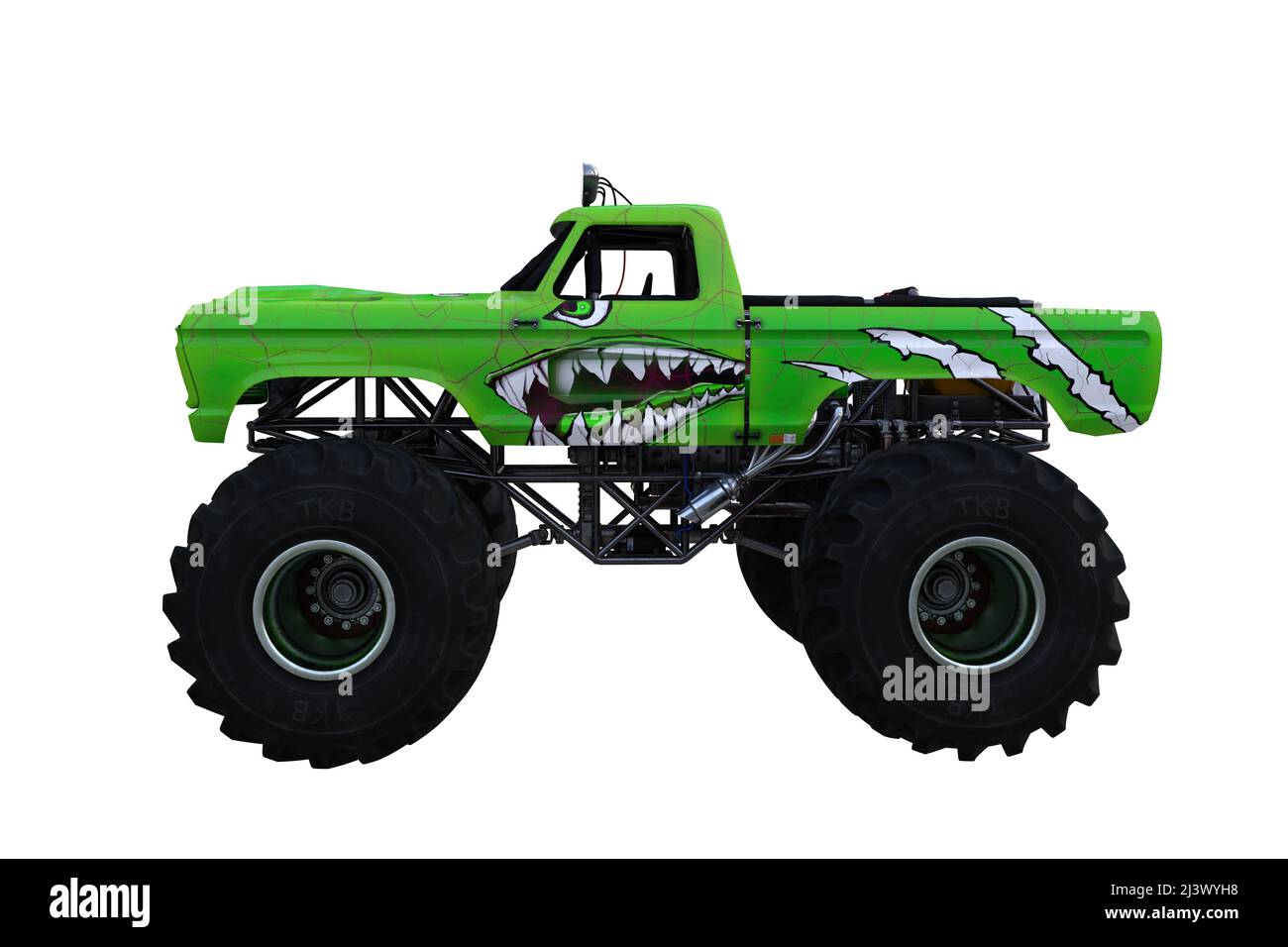Vista laterale di un monster truck verde con vernice facciale monster. 3D illustrazione isolata su sfondo bianco con tracciato di ritaglio. Foto Stock