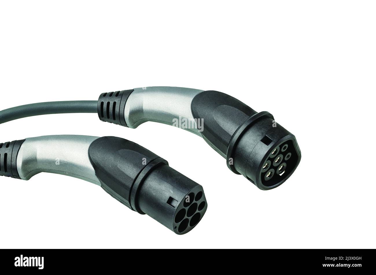 Vista del cavo di ricarica per veicoli elettrici per uso esterno con spina di fase 20A 480V 3 isolata su sfondo bianco. Svezia. Foto Stock