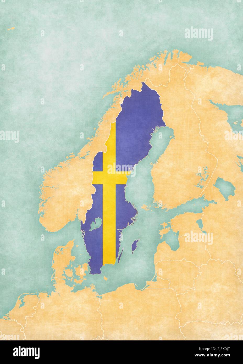 Svezia (bandiera svedese) sulla mappa della Scandinavia in stile soft grunge e vintage, come la pittura acquerello su carta vecchia. Foto Stock