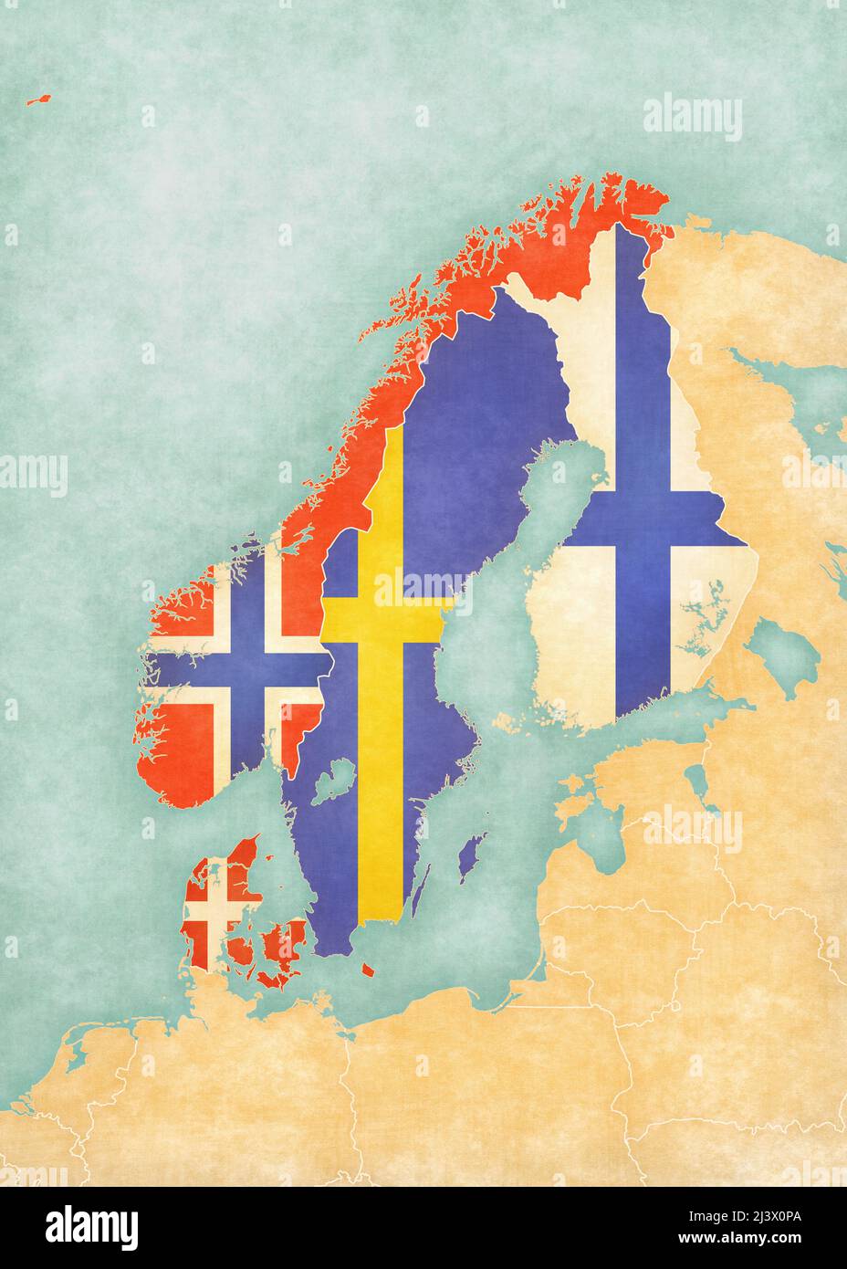 Bandiere di tutti i paesi sulla mappa della Scandinavia in morbido grunge e vintage stile, come la pittura acquerello su carta vecchia. Foto Stock