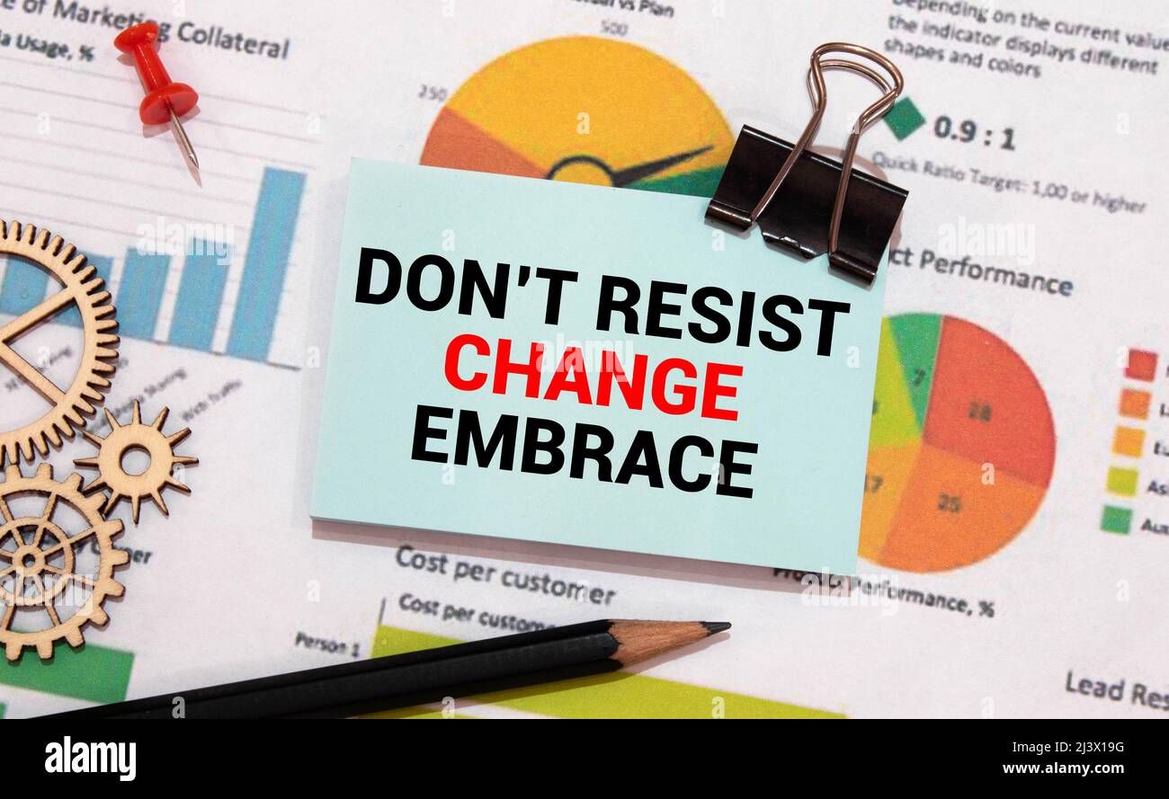 Testo di scrittura di parola Don T resist Change abbraccialo. Concetto di business per essere aperti alle modifiche provare nuove cose positive a colori clipboard foglio di carta bianco Foto Stock