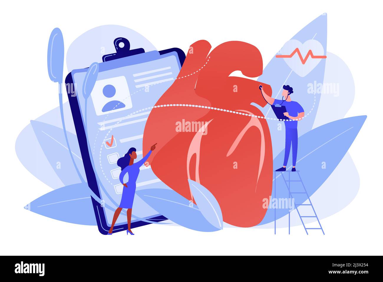 Medico con stetoscopio che ascolta un battito cardiaco enorme. Concetto di cardiopatia ischemica, cardiopatia e coronaropatia su sfondo bianco. P. Illustrazione Vettoriale