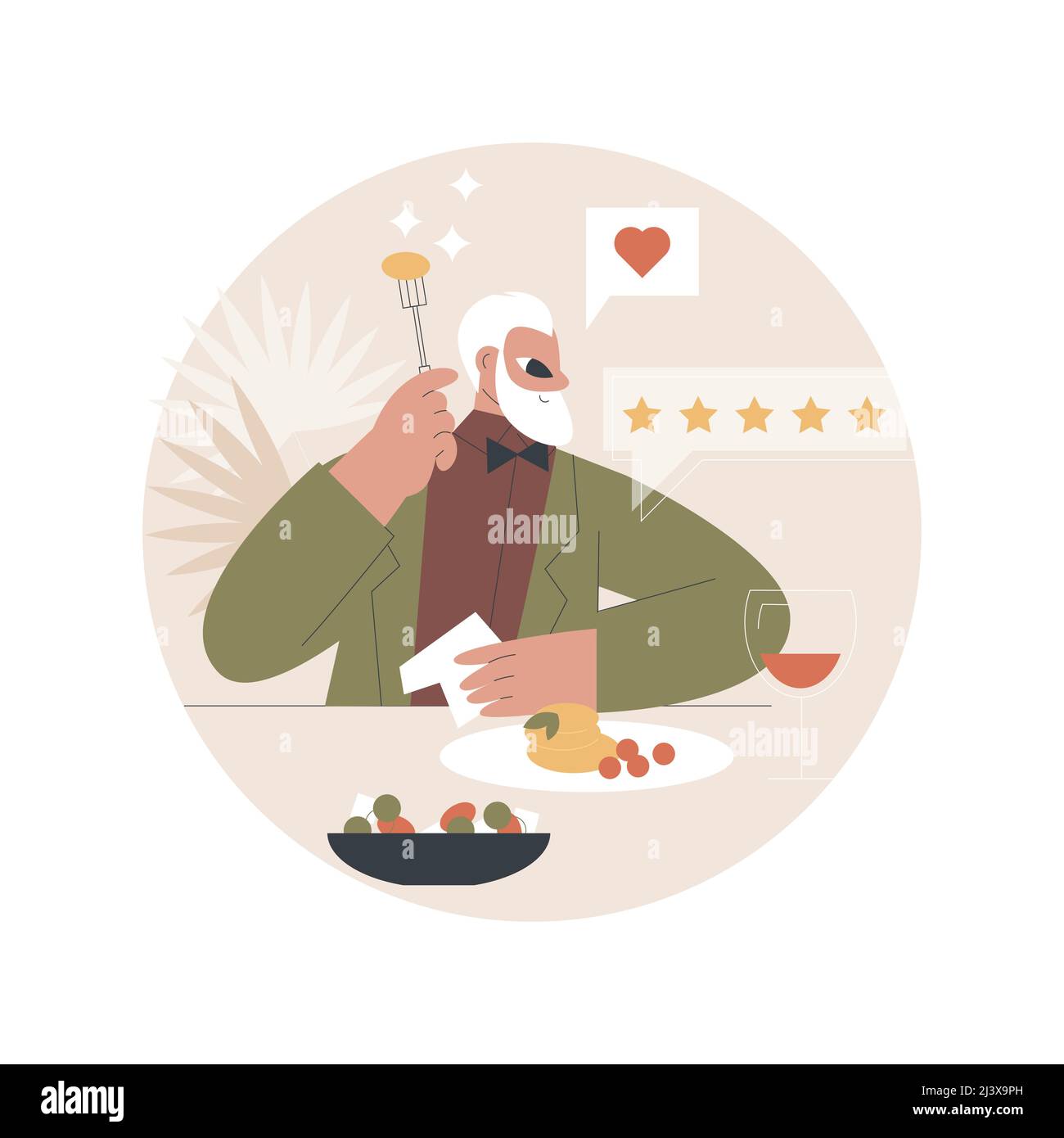 Illustrazione vettoriale del concetto astratto critico alimentare. Analizzare cibo, chef ristorante, scrivere recensione, valutazione, parere esperto, spettacolo culinario, ospite coperto Illustrazione Vettoriale