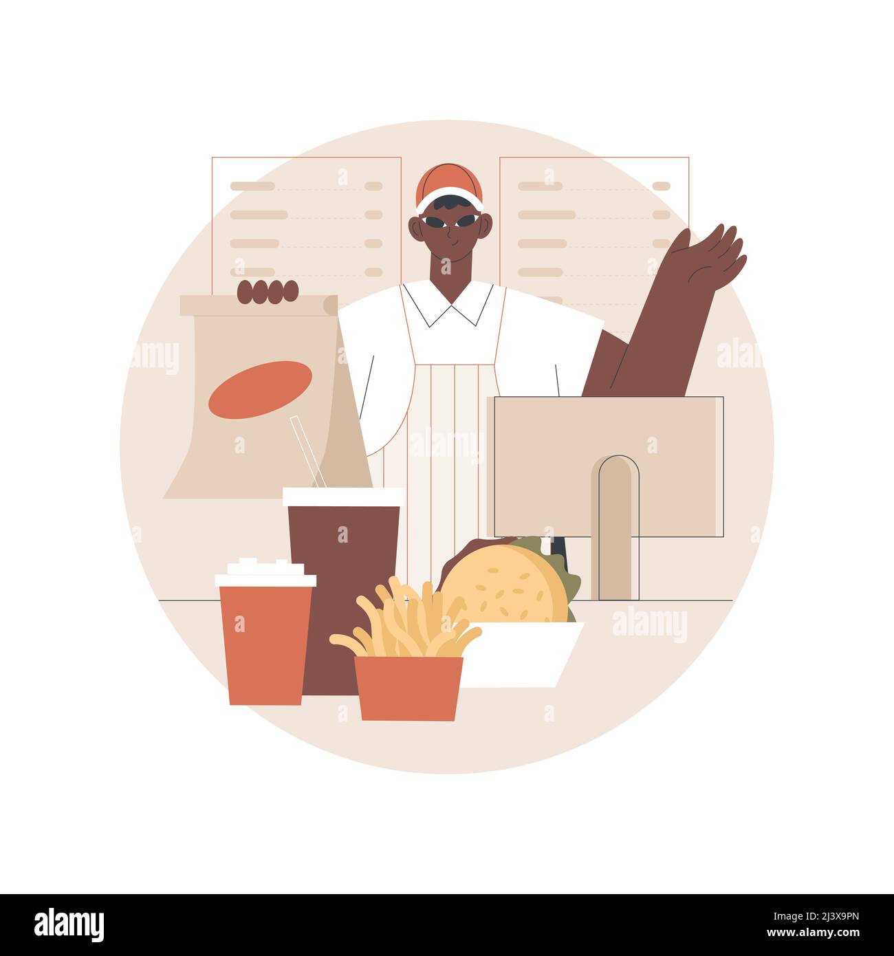 Fast food astratto concetto di illustrazione vettoriale. Cucina americana, catena di ristoranti, menu snack, takeout mangiare, Street food festival, cottura veloce re Illustrazione Vettoriale