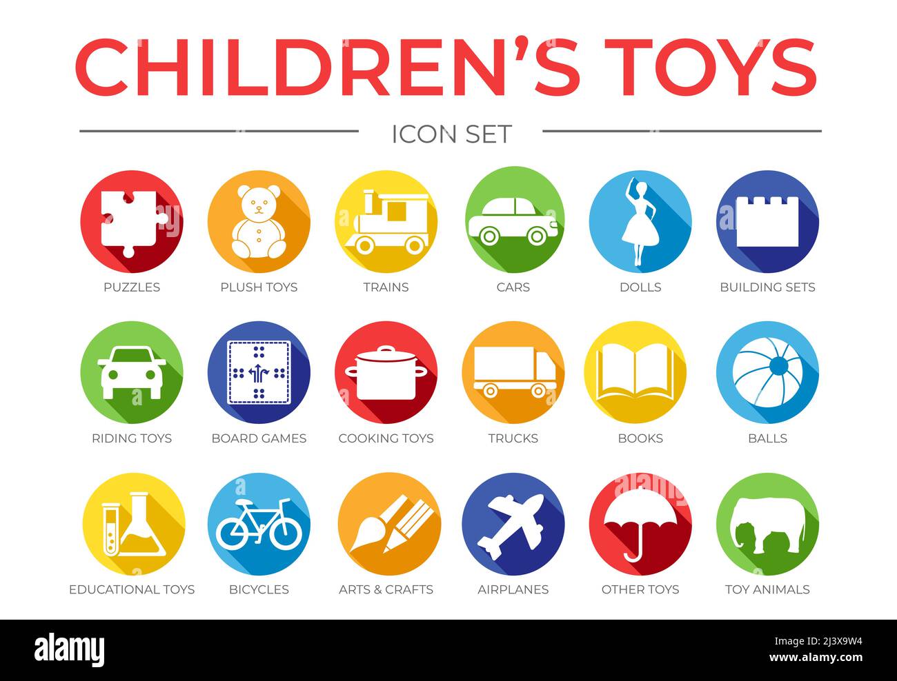 Giochi per bambini Set icone con Puzzle, Plush, treno e auto, gioco da tavolo, bambole, World, Italiano, Arte e Artigianato, Edilizia, cucina, nave, camion, Libro, palline, EDUC Illustrazione Vettoriale