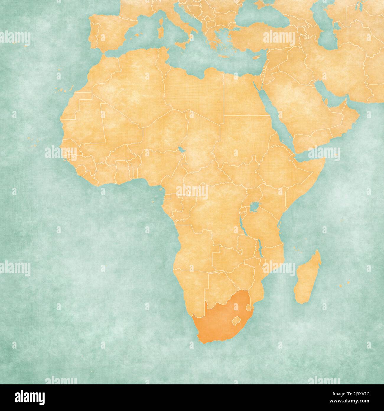 Il Sud Africa sulla mappa dell'Africa in morbido grunge e stile vintage, come carta vecchia con pittura acquerello. Foto Stock