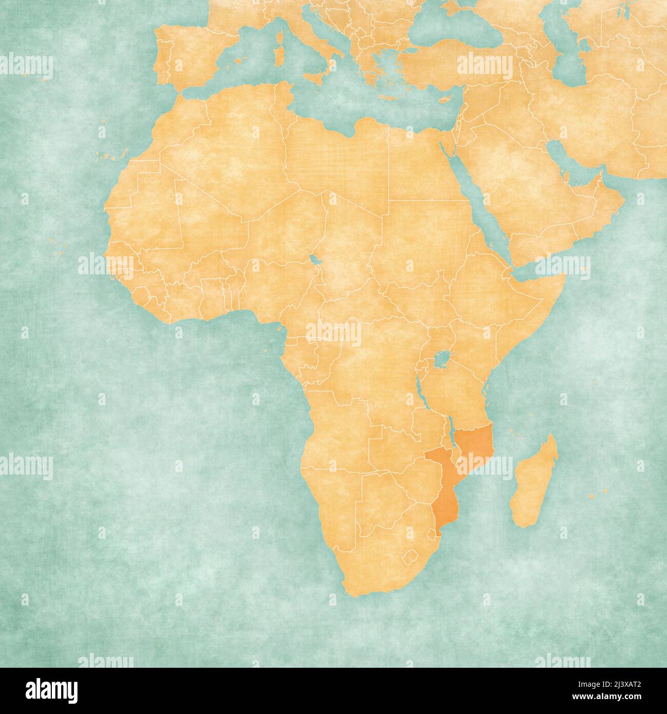 Mozambico sulla mappa dell'Africa in morbido grunge e stile vintage, come carta vecchia con pittura acquerello. Foto Stock