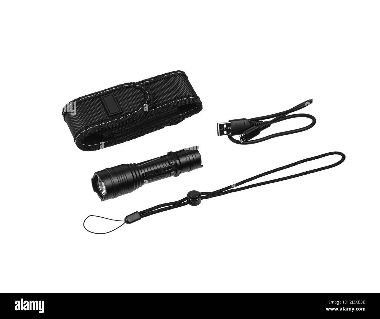 La torcia LED in metallo nero si isola su sfondo bianco. Lampada tascabile per ore buie del giorno o ambienti bui. Foto Stock