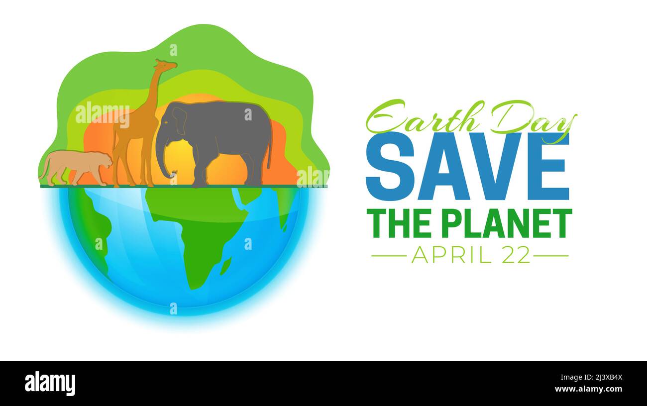 Earth Day salvare il pianeta isolato Vector Illustrazione con globo e animali africani. Leone, Giraffa, Elephant Design Illustrazione Vettoriale