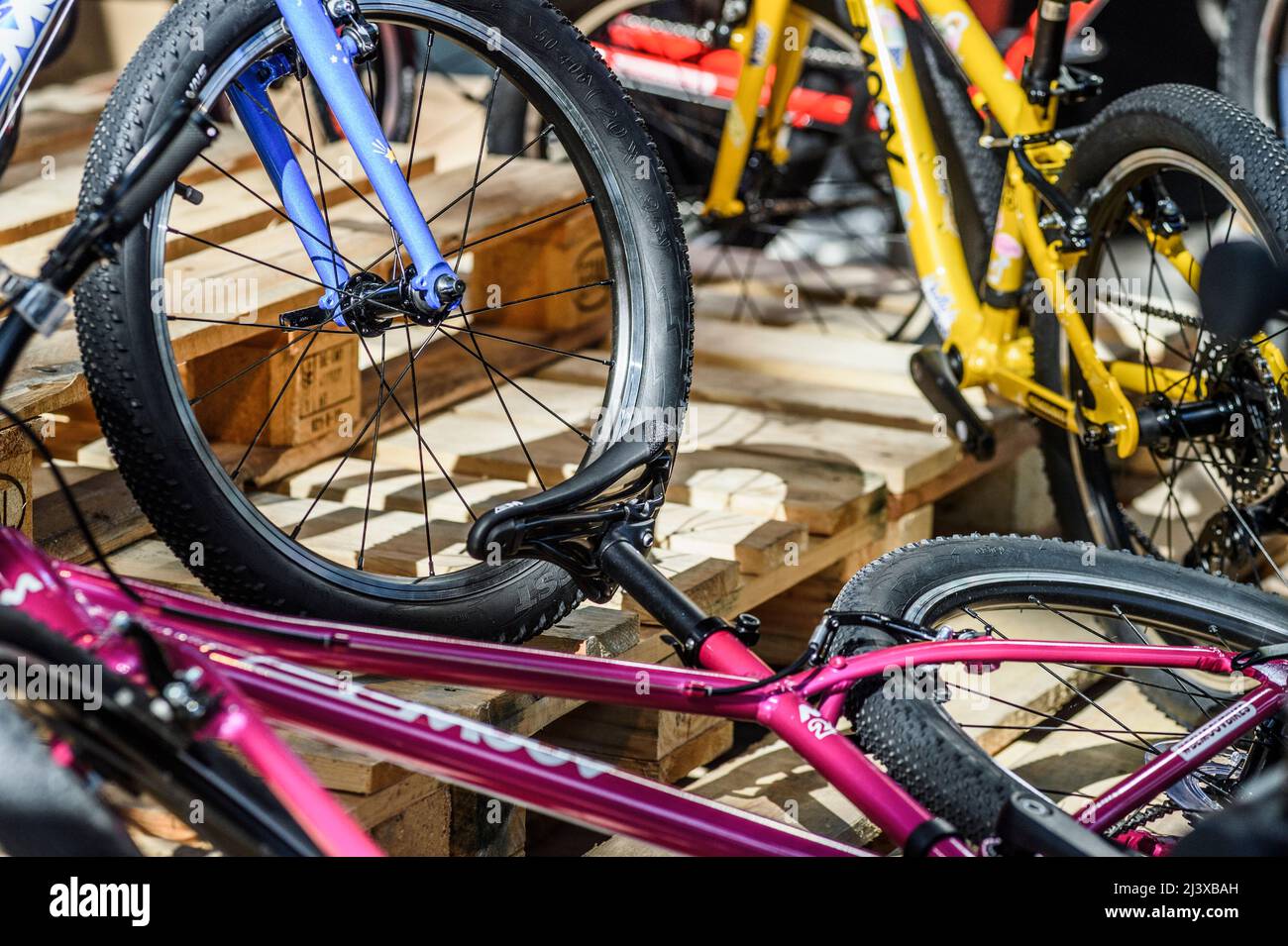 Esposizione di diversi tipi di bikcycle alla BikeBrussels - Vedi dettagli su diverse biciclette - biciclette per bambini | esposizione di diversi tipi de Foto Stock