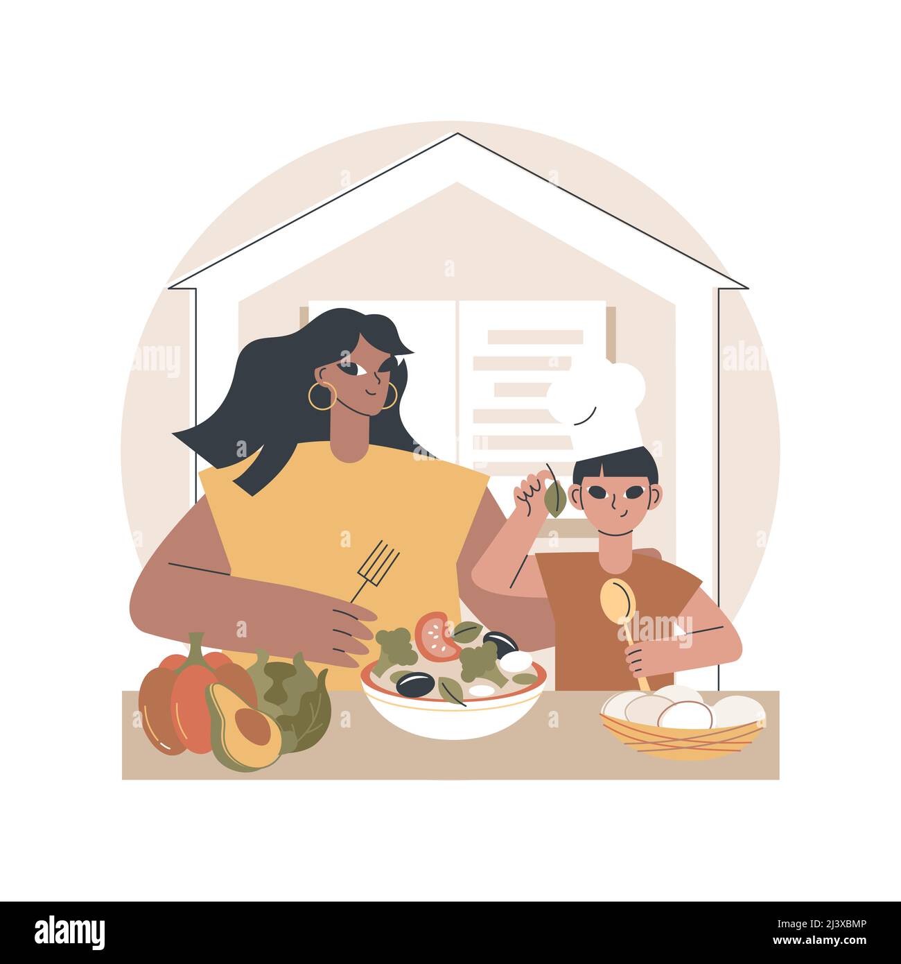 Home cucina concetto astratto illustrazione vettoriale. Cucina a casa, online ricette facili da mangiare, attività per tutta la famiglia, pasto tradizionale fatto in casa, cucina TV Illustrazione Vettoriale