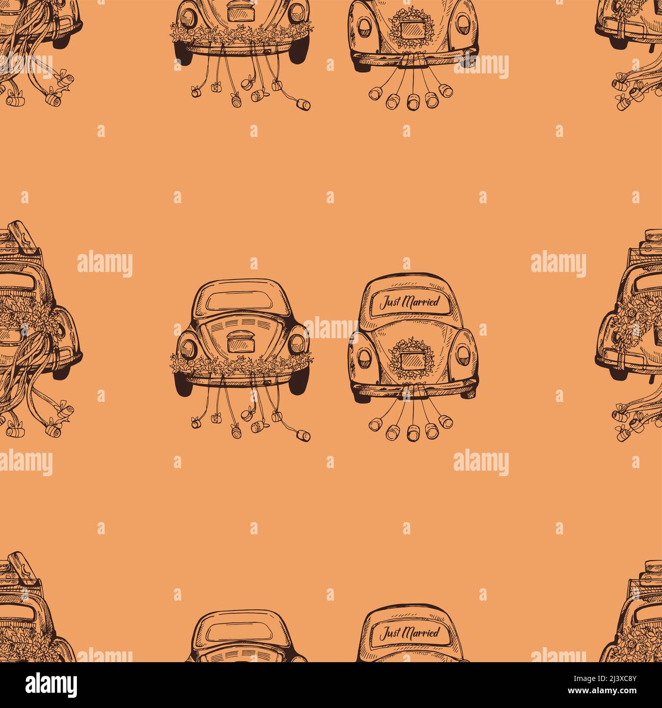 Modello senza cuciture di astratto disegno a mano stile di nozze auto. Illustrazione vettoriale isolata. Illustrazione Vettoriale