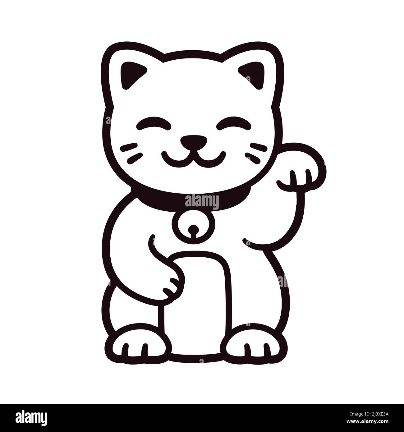 Carino cartone animato Maneki Neko, gatto fortunato giapponese. Logo o icona in bianco e nero. Illustrazione della linea vettoriale. Illustrazione Vettoriale