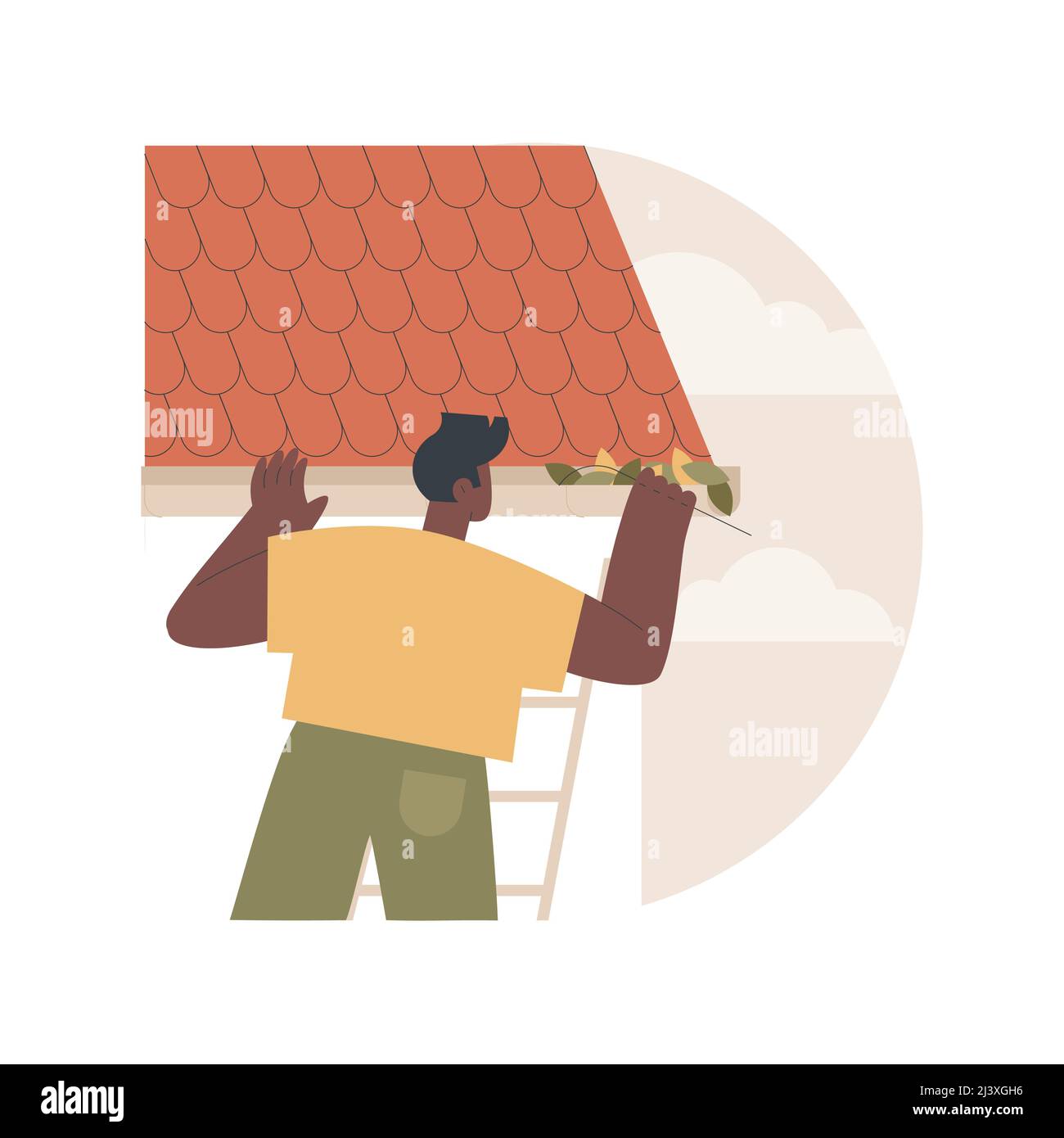 Illustrazione vettoriale del concetto astratto di pulizia del grondaia. Manutenzione domestica, tetto, attività di costruzione, riparazione tetto, lavaggio elettrico, rimozione di foglie e muschi Illustrazione Vettoriale