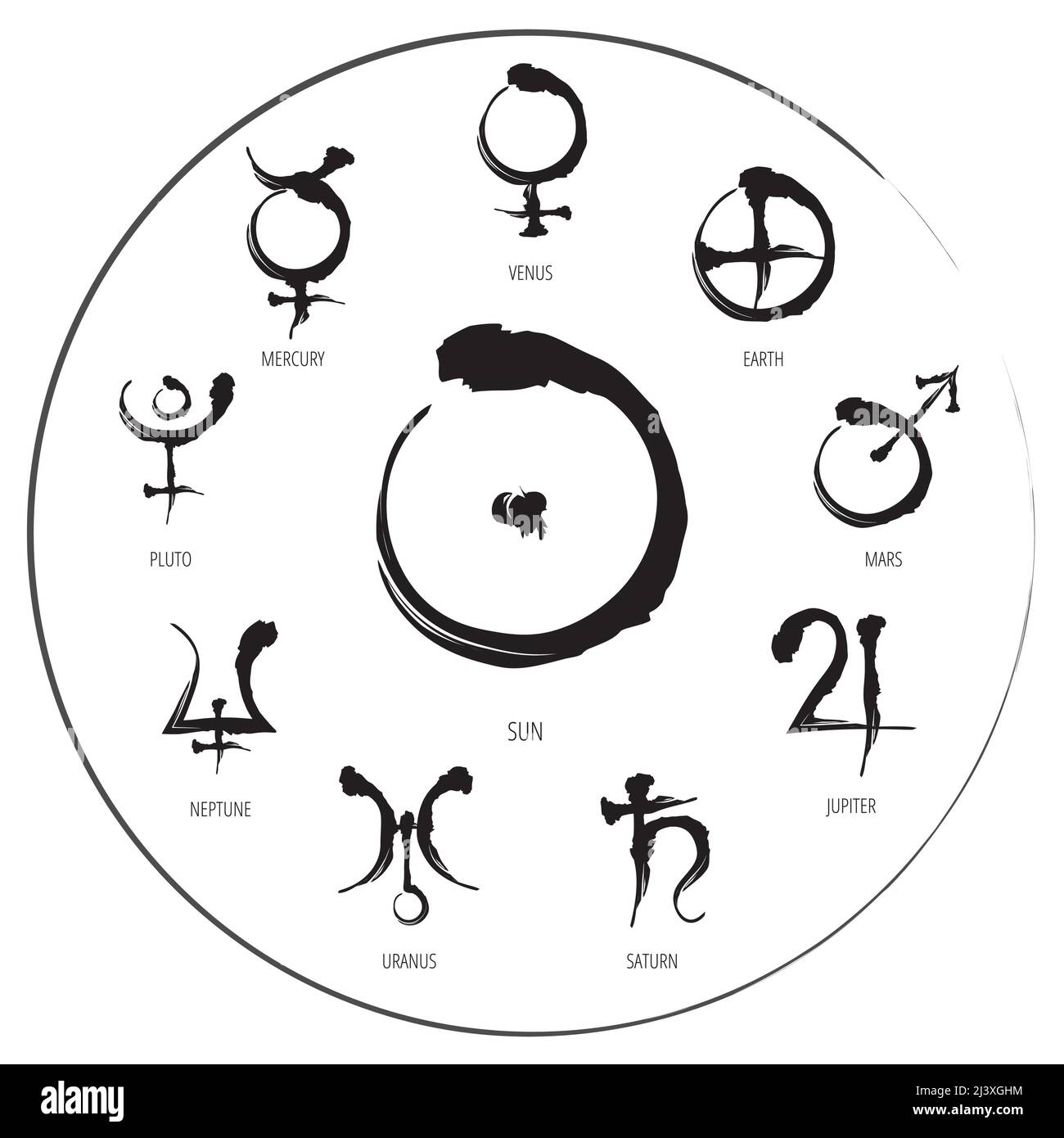 Tabella dei simboli di astrologia: Geroglifo del pianeta disegnato a mano in cerchio Illustrazione Vettoriale