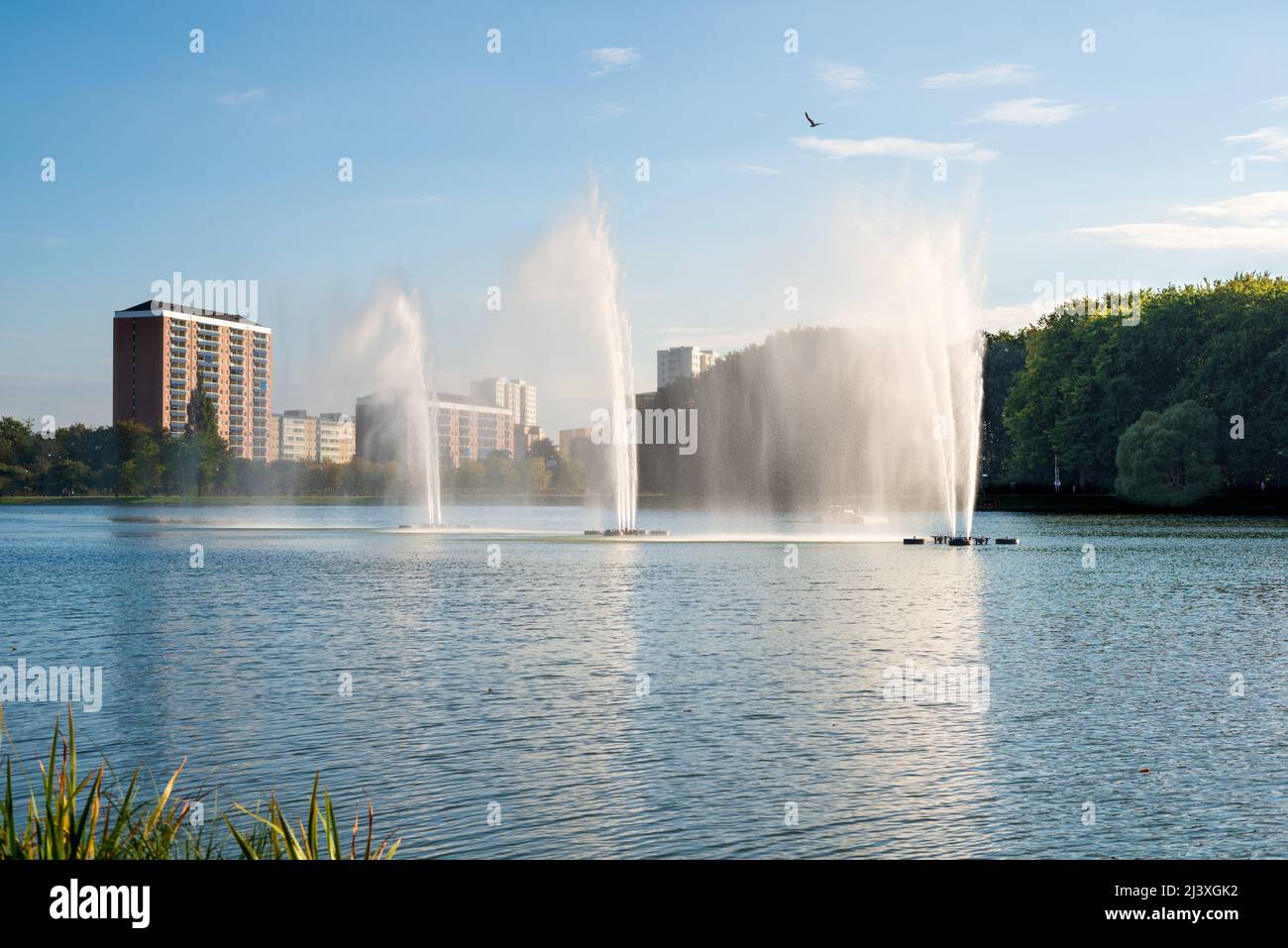 Lago tranquillo a Pildammsparken con tre alte fontane con riflessi e cielo blu a Malmö, Svezia Foto Stock