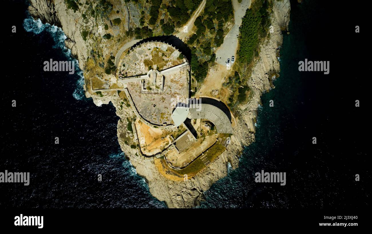 Veduta aerea della Fortezza di Prevlaka, Capo Ostro, vicino Dubrovnik, Prevlaka, Croazia Foto Stock