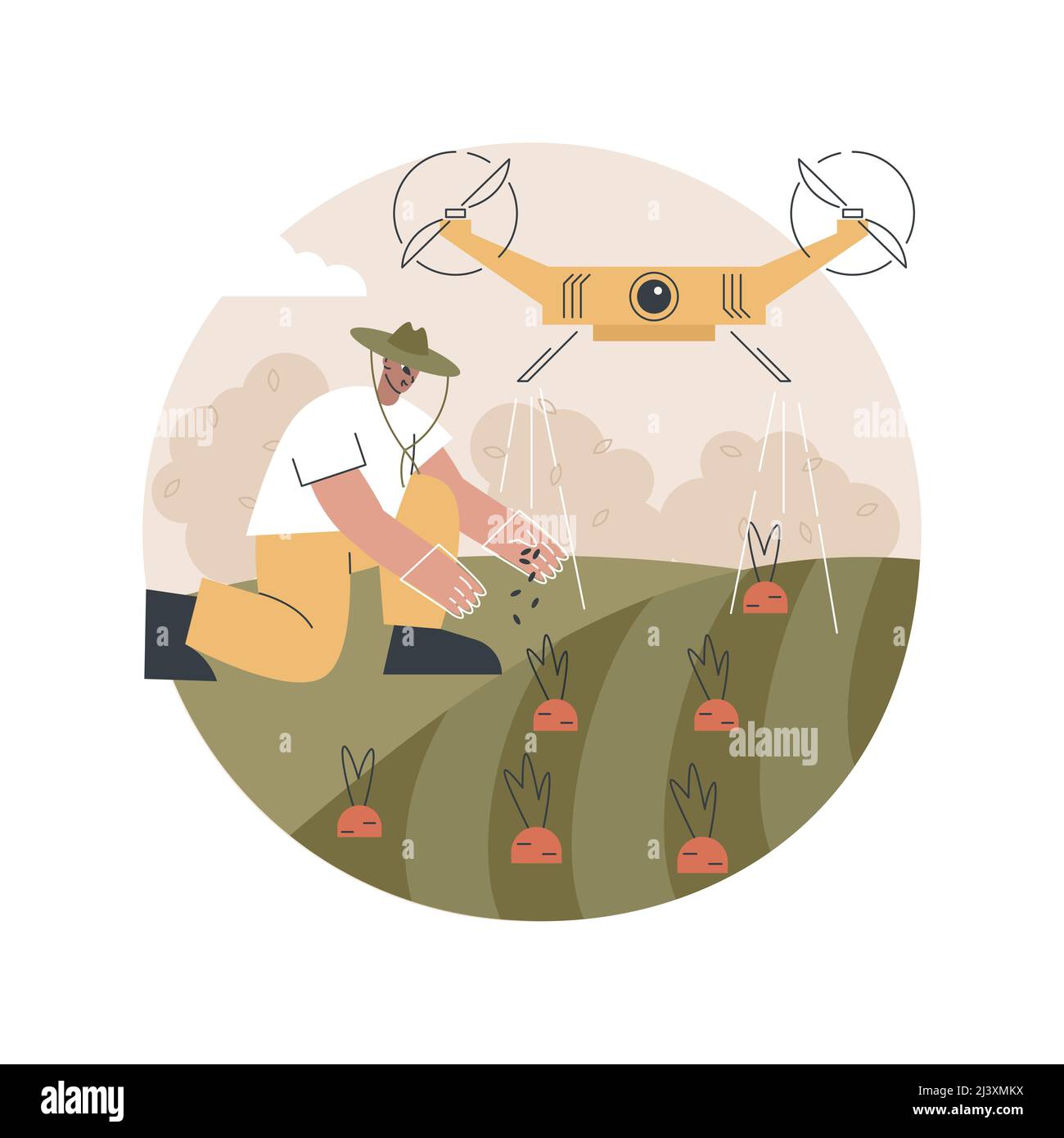 I droni agricoli usano l'illustrazione del vettore astratta di concetto. Agricoltura di precisione, primo soccorso, analisi, irrorazione di colture, geometra dei droni Illustrazione Vettoriale