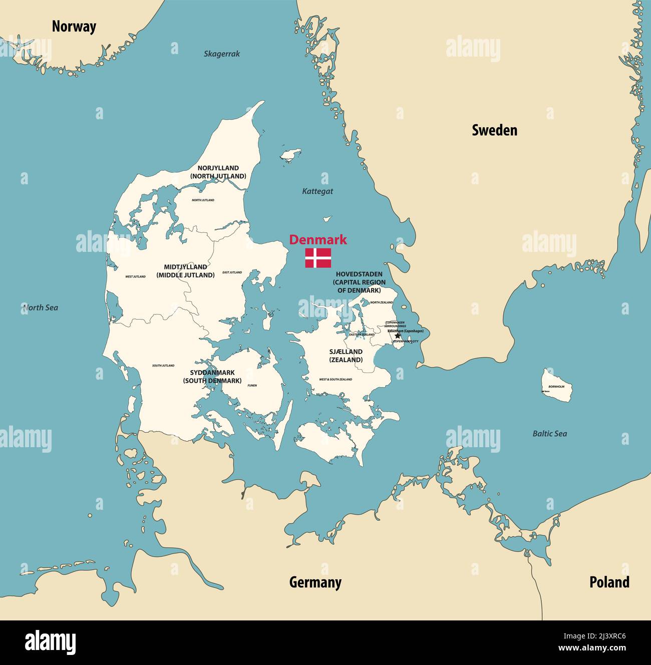 La mappa vettoriale delle regioni della Danimarca con le principali città e con i paesi e territori vicini Illustrazione Vettoriale