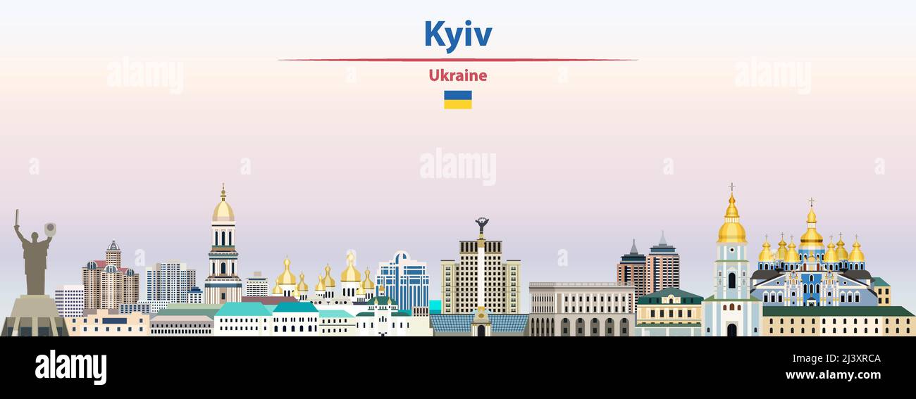 Kyiv paesaggio urbano su sfondo cielo tramonto illustrazione vettoriale con nome paese e città e con bandiera di Ucraina Illustrazione Vettoriale