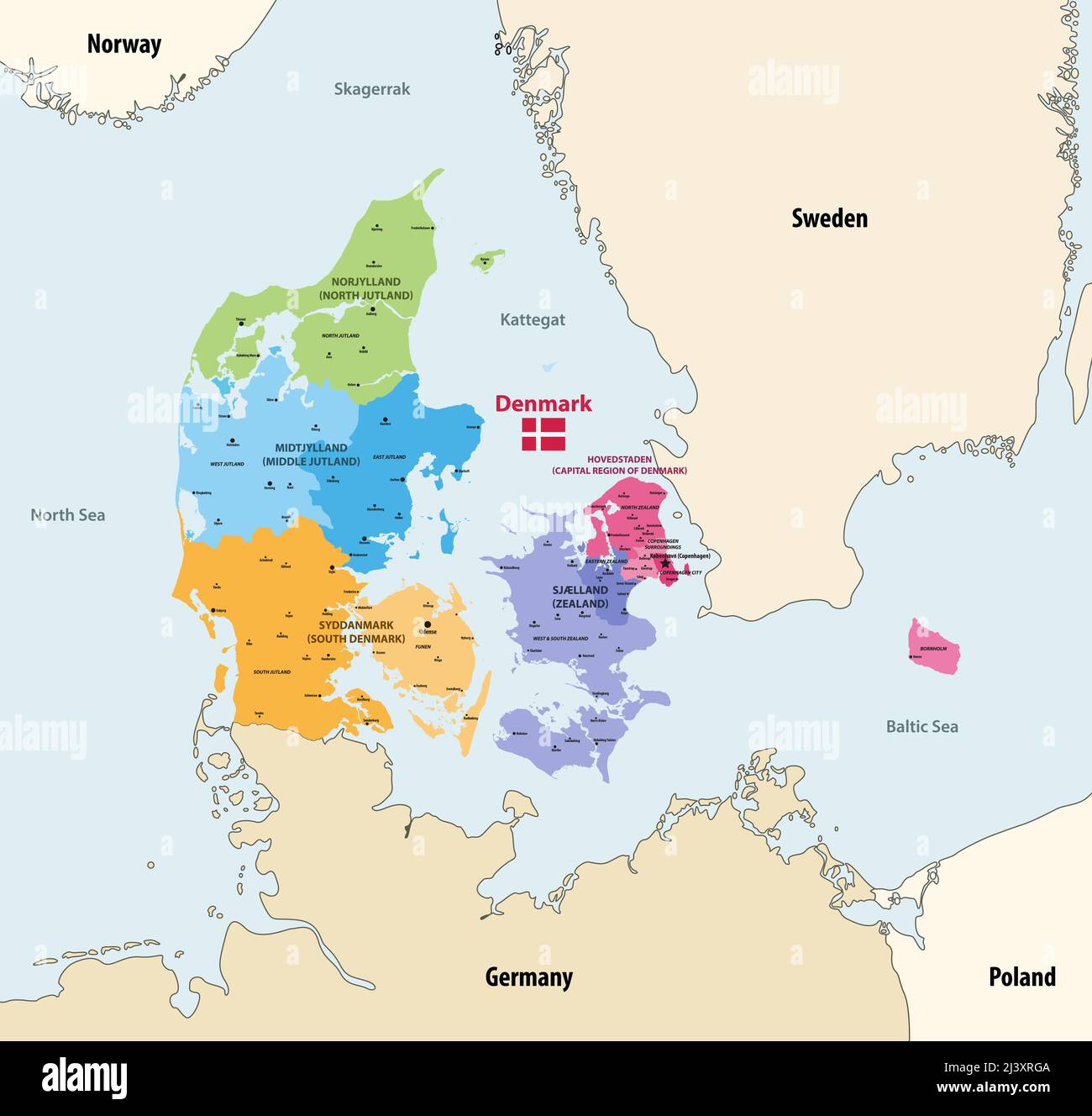 La mappa vettoriale delle regioni della Danimarca con le principali città e con i paesi e territori vicini Illustrazione Vettoriale