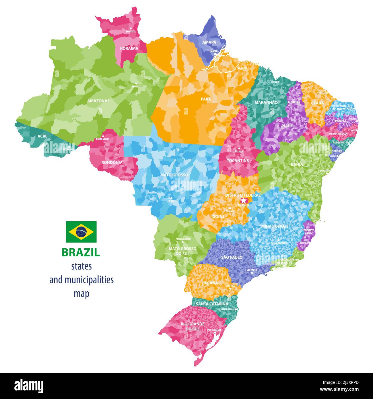 Stati del Brasile e comuni vettore alto dettagliato mappa a colori Illustrazione Vettoriale
