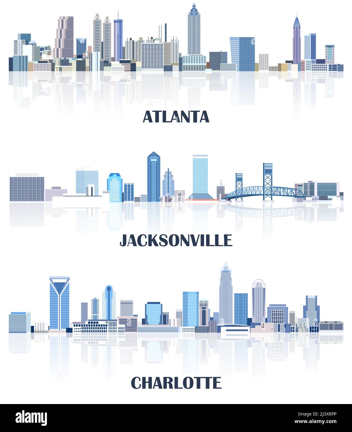 Collezione vettoriale di paesaggi urbani degli Stati Uniti: Atlanta, Jacksonville, Charlotte skylines in tinte di colore blu. Сrystal stile estetico Illustrazione Vettoriale