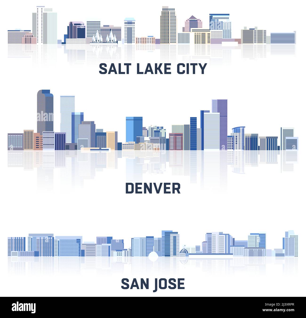 Collezione vettoriale di paesaggi urbani degli Stati Uniti: Salt Lake City, Denver, San Jose skylines in tinte di colore blu tavolozza. Сrystal stile estetico Illustrazione Vettoriale