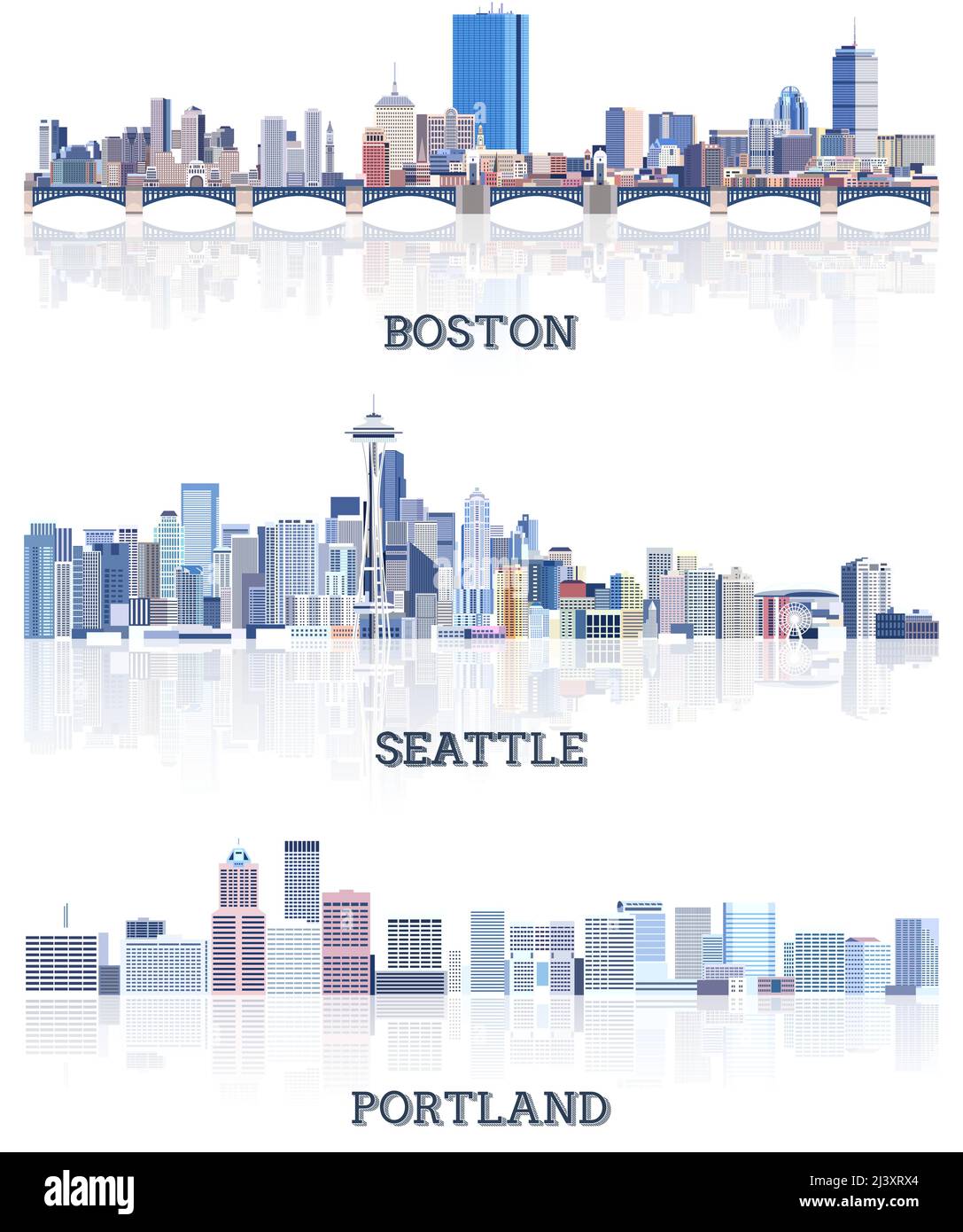 Collezione vettoriale di paesaggi urbani degli Stati Uniti: Boston, Seattle, Portland skylines in tinte di colore blu. Сrystal stile estetico Illustrazione Vettoriale