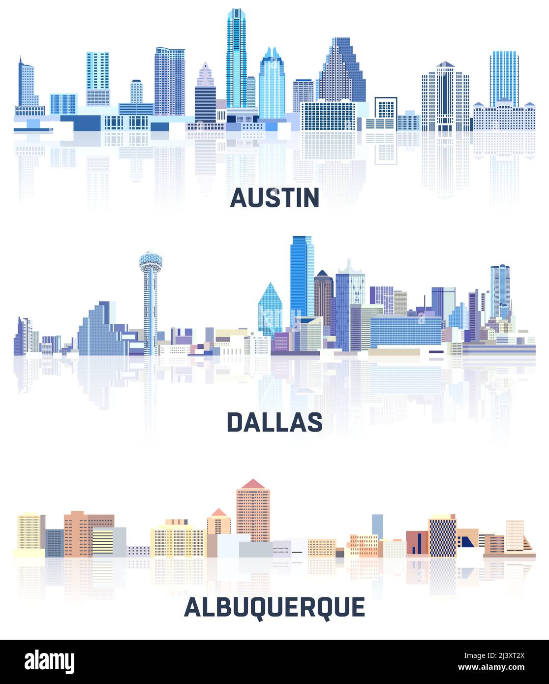 Collezione vettoriale di paesaggi urbani degli Stati Uniti: Austin, Dallas, Albuquerque skylines in tinte di colore blu. Сrystal stile estetico Illustrazione Vettoriale