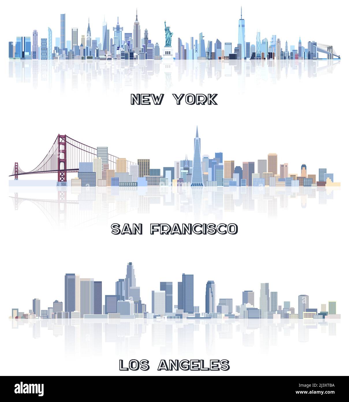 Collezione vettoriale di paesaggi urbani degli Stati Uniti: New York, San Francisco, Los Angeles skyline in tinte di colore blu. Сrystal stile estetico Illustrazione Vettoriale