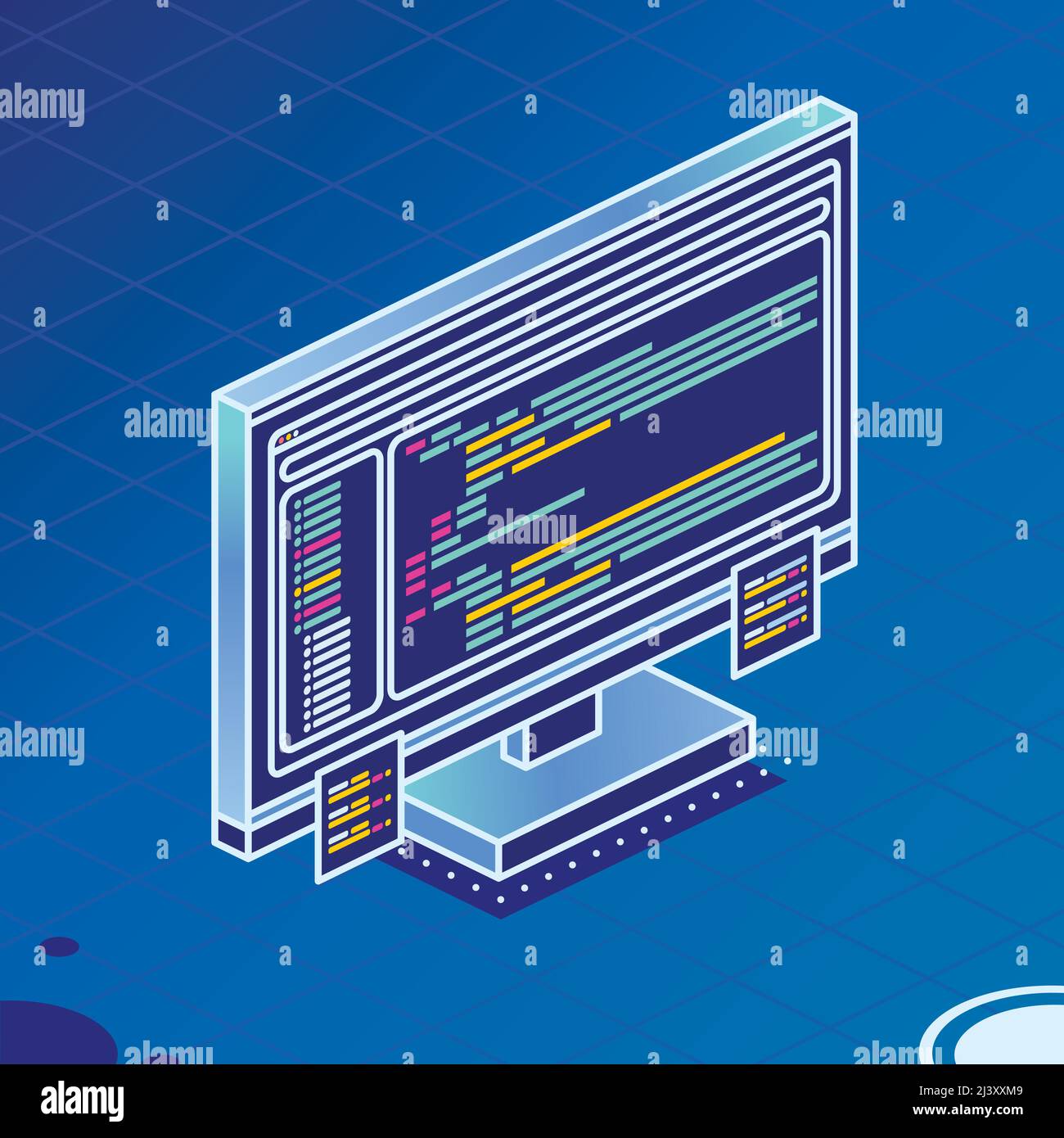 Monoblocco isometrico per PC con codice programma e due adesivi. Monitor contorno su sfondo blu. Illustrazione vettoriale. Illustrazione Vettoriale