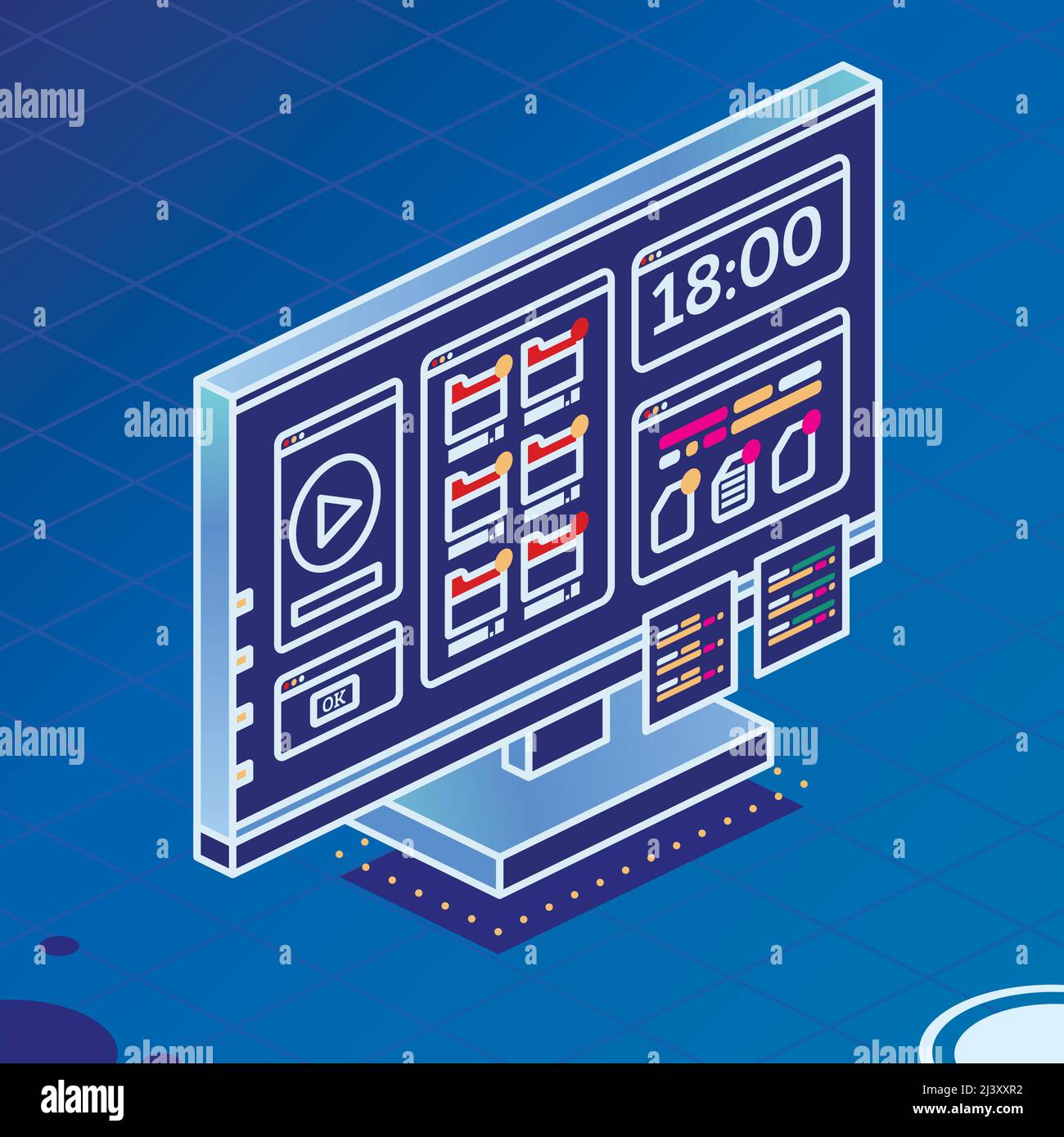 PC isometrico monoblocco con lettore multimediale, cartelle e due adesivi. Monitor contorno su sfondo blu. Illustrazione vettoriale. Illustrazione Vettoriale