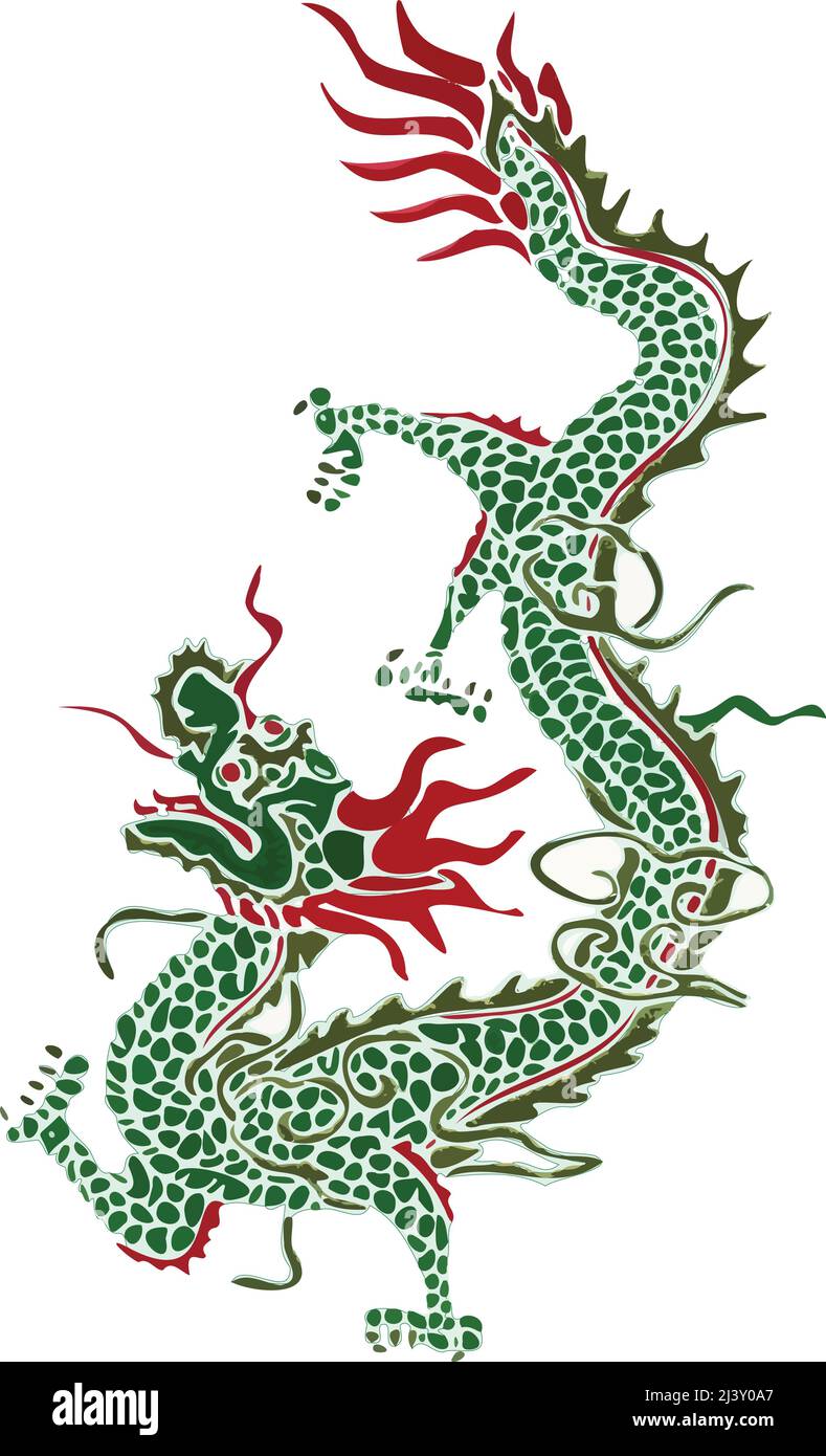 Decorativo rosso e verde stilizzato drago cinese o giapponese, isolato su bianco. Illustrazione Vettoriale