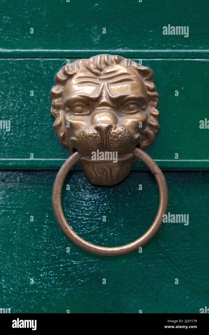 Primo piano su un battente di leone su una porta verde a Napoli, Italia. Foto Stock