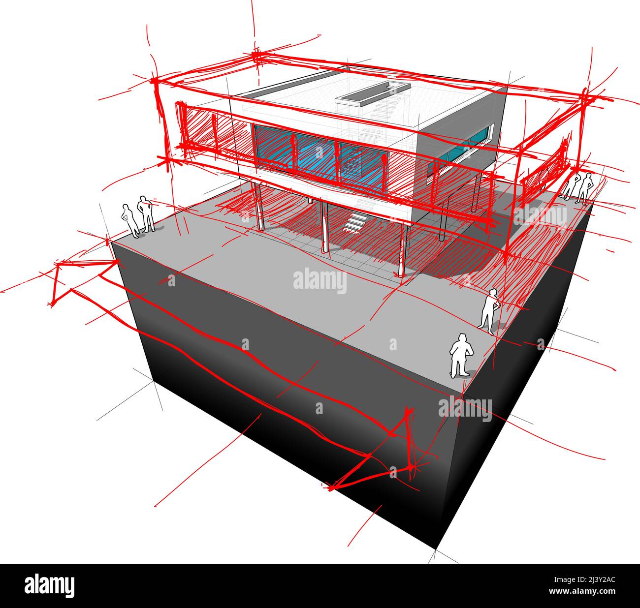 diagramma di una possibile casa moderna riprogettazione rendendo la casa più grande a sinistra e destra Foto Stock