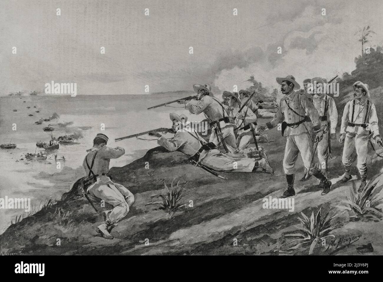 Guerra spagnolo-americana. Conflitto di guerra tra Spagna e Stati Uniti nel 1898, risultato dell'intervento nordamericano nella guerra d'indipendenza cubana. I soldati spagnoli rifiutano lo sbarco delle truppe statunitensi sulla costa di Cienfuegos (Cuba). Illustrazione di M. Alcázar. Fotoincisione di Laporta. La Ilustración Española y americana, 1898. Foto Stock