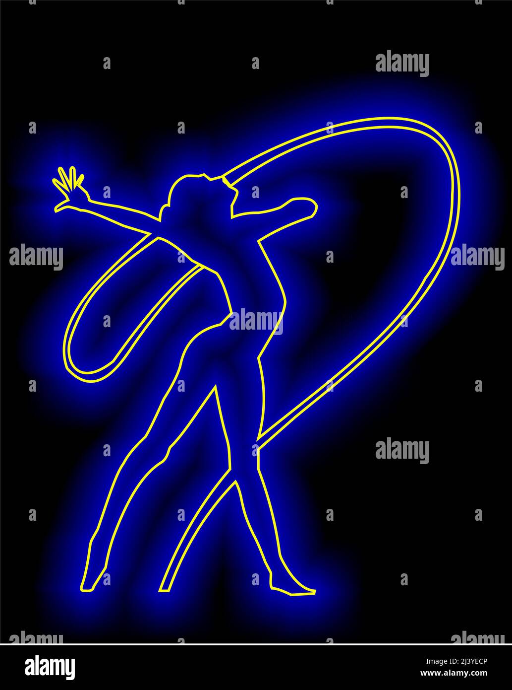 contorno giallo disegno di una ginnastica con nastro su sfondo nero, blu bagliore Foto Stock
