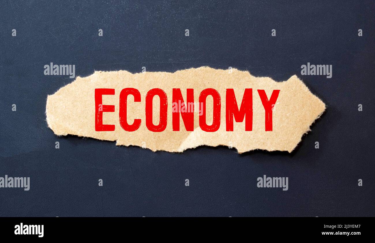 FORMULAZIONE ECONOMICA con parole sparse con piccolo pallido su sfondo bianco e nero.concetto di economia e business.immagine di messa a fuoco selettiva. Foto Stock