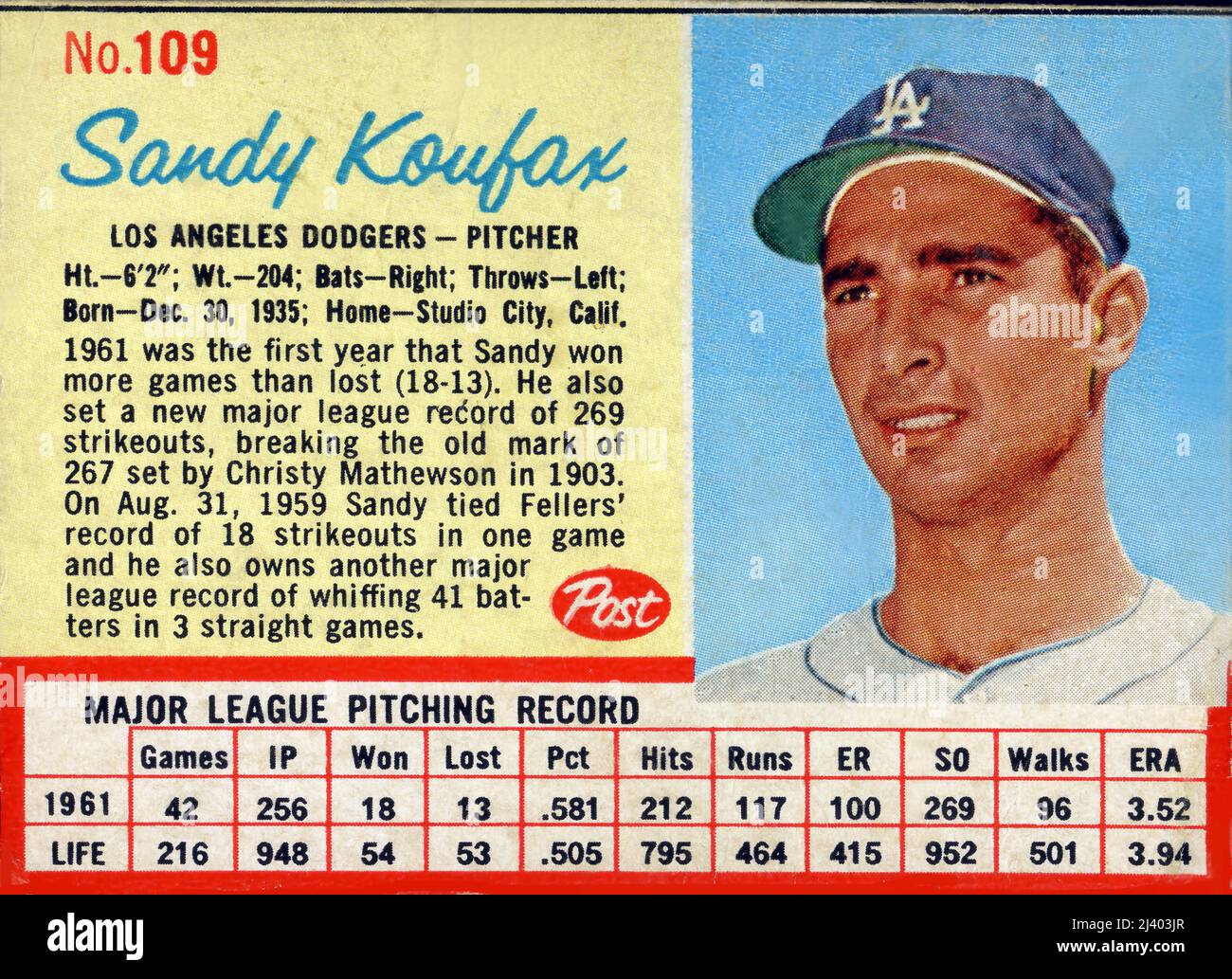 Una carta da baseball stampata sul retro di una scatola di cereali Post come premio per far comprare i bambini presenta la caraffa star dei Los Angeles Dodgers Sandy Koufax nel 1962. Foto Stock