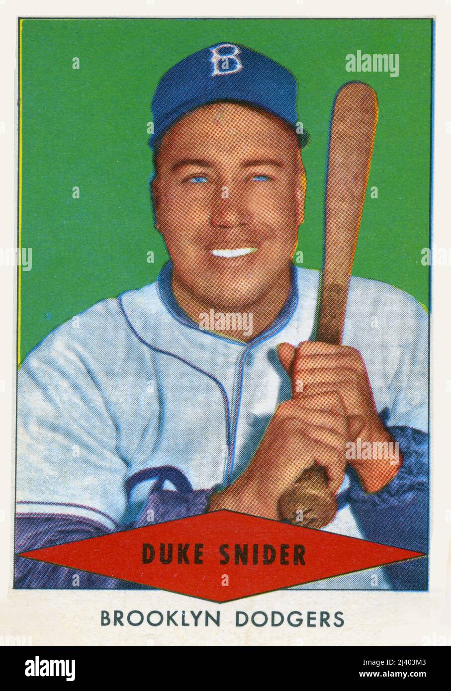 La carta da baseball del A1954 raffigurante il giocatore della stella Duke Snider con i Brooklyn Dodgers è stata emessa come premio con il cibo del cane del cuore rosso. Foto Stock