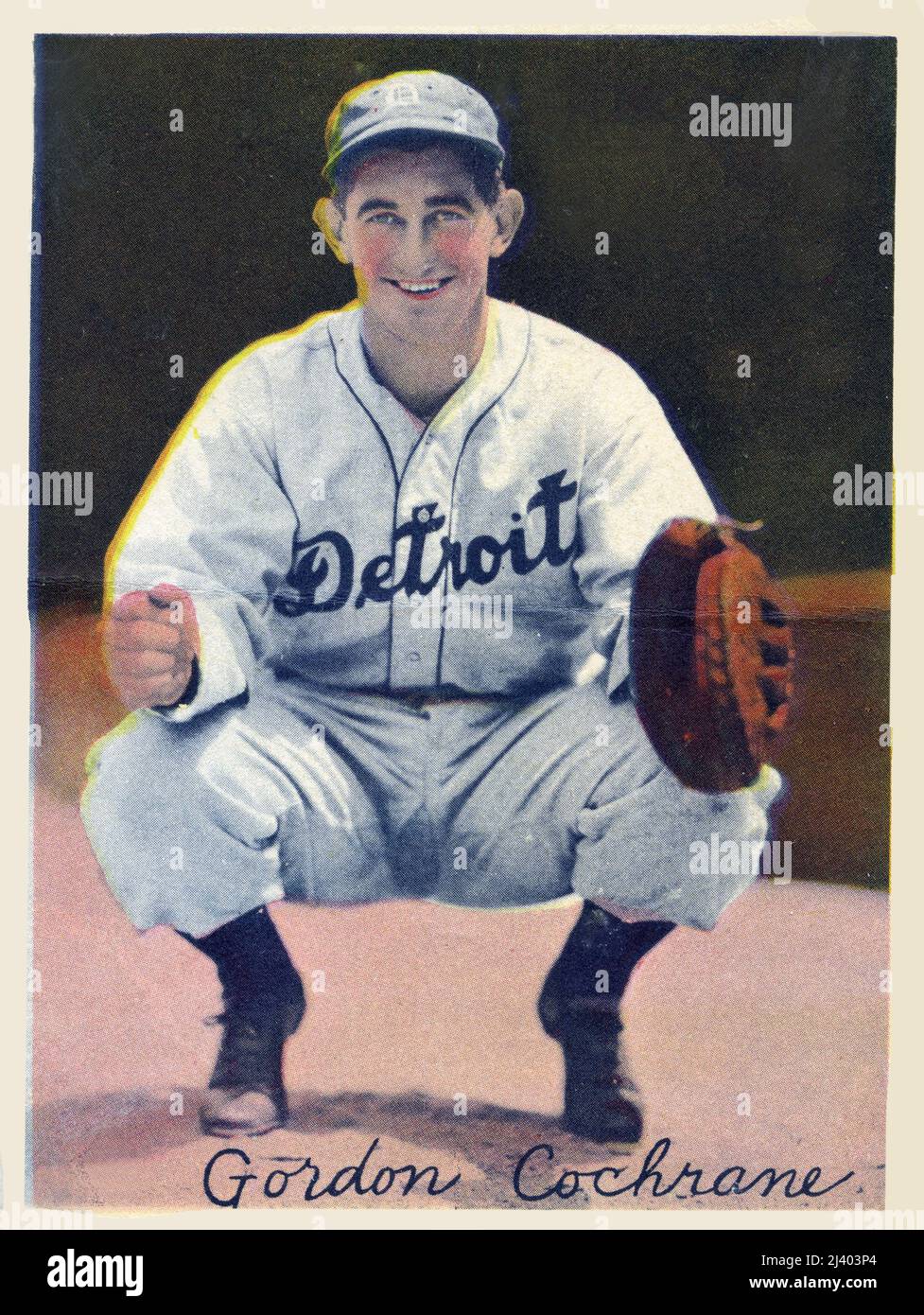 Foto ricordo colorata a mano del catcher Gordon 'mickey' Cochran con le Detroit Tigers. Foto Stock