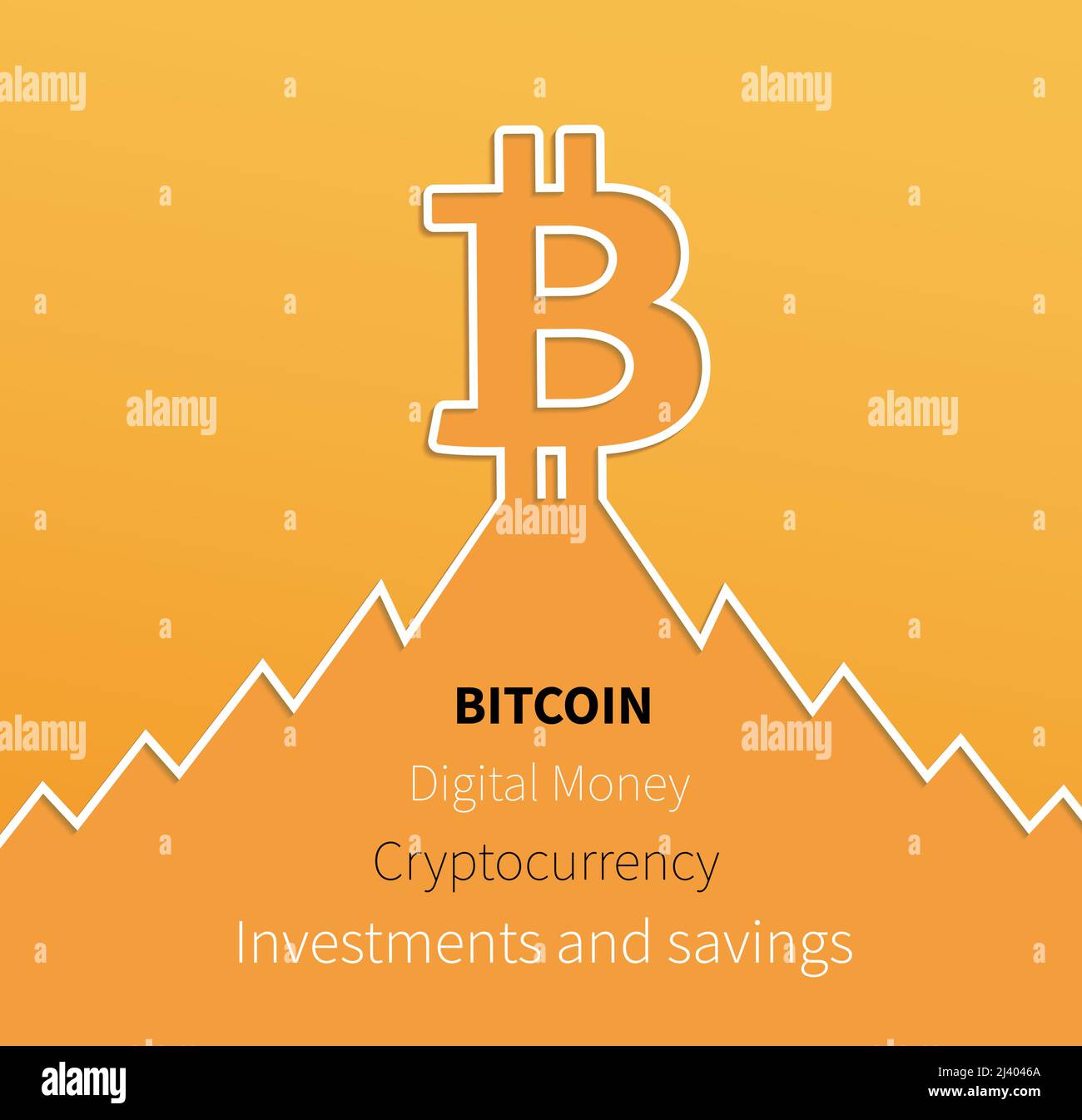 Simbolo Bitcoin con un grafico sopra un vettore di montagna Illustrazione Vettoriale