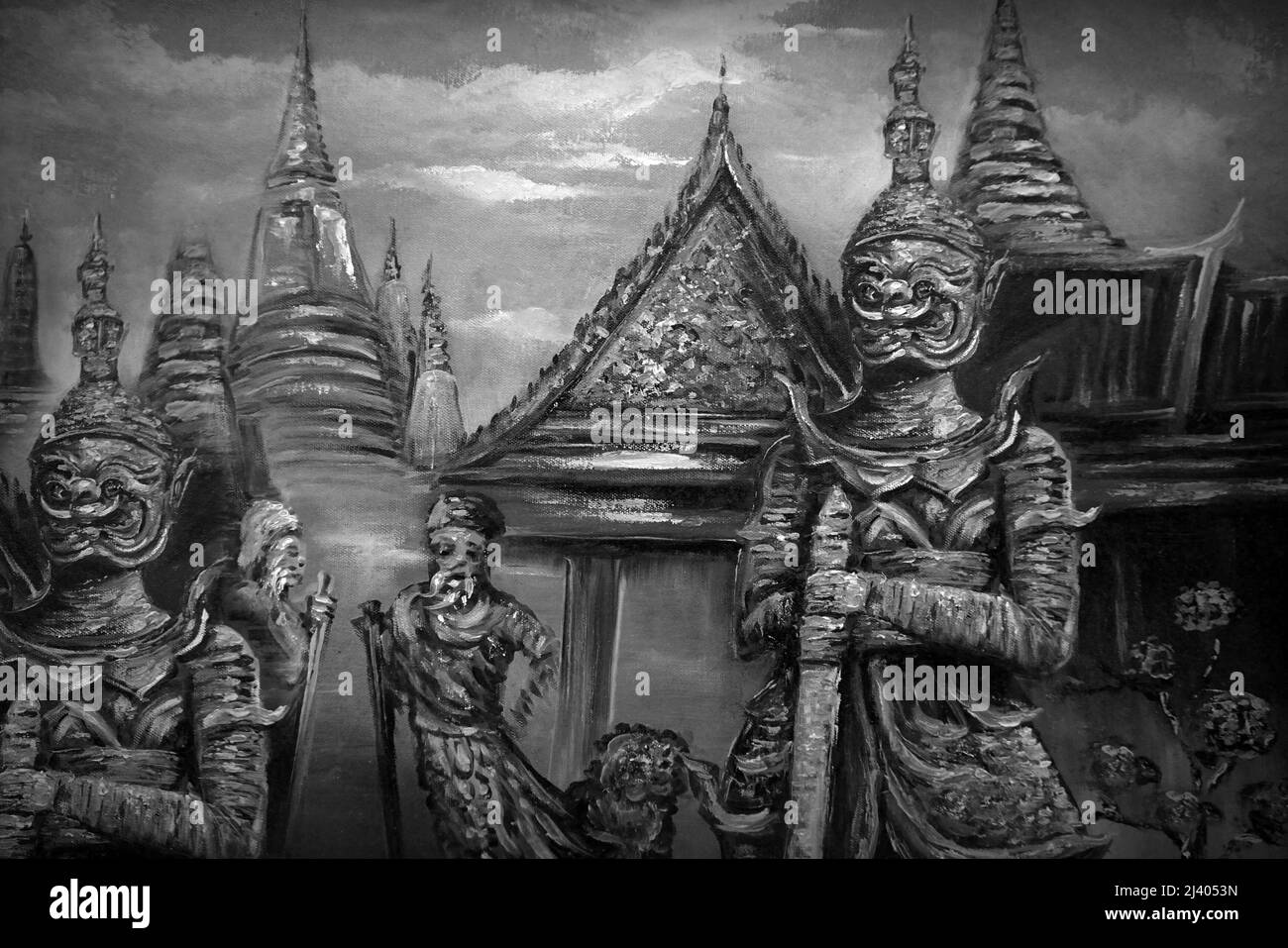 Pittura d'arte colore dell'olio Letteratura Ramayana religione sfondo dalla Tailandia tempio , bianco e nero , monocromatico , Wat phra keaw Foto Stock
