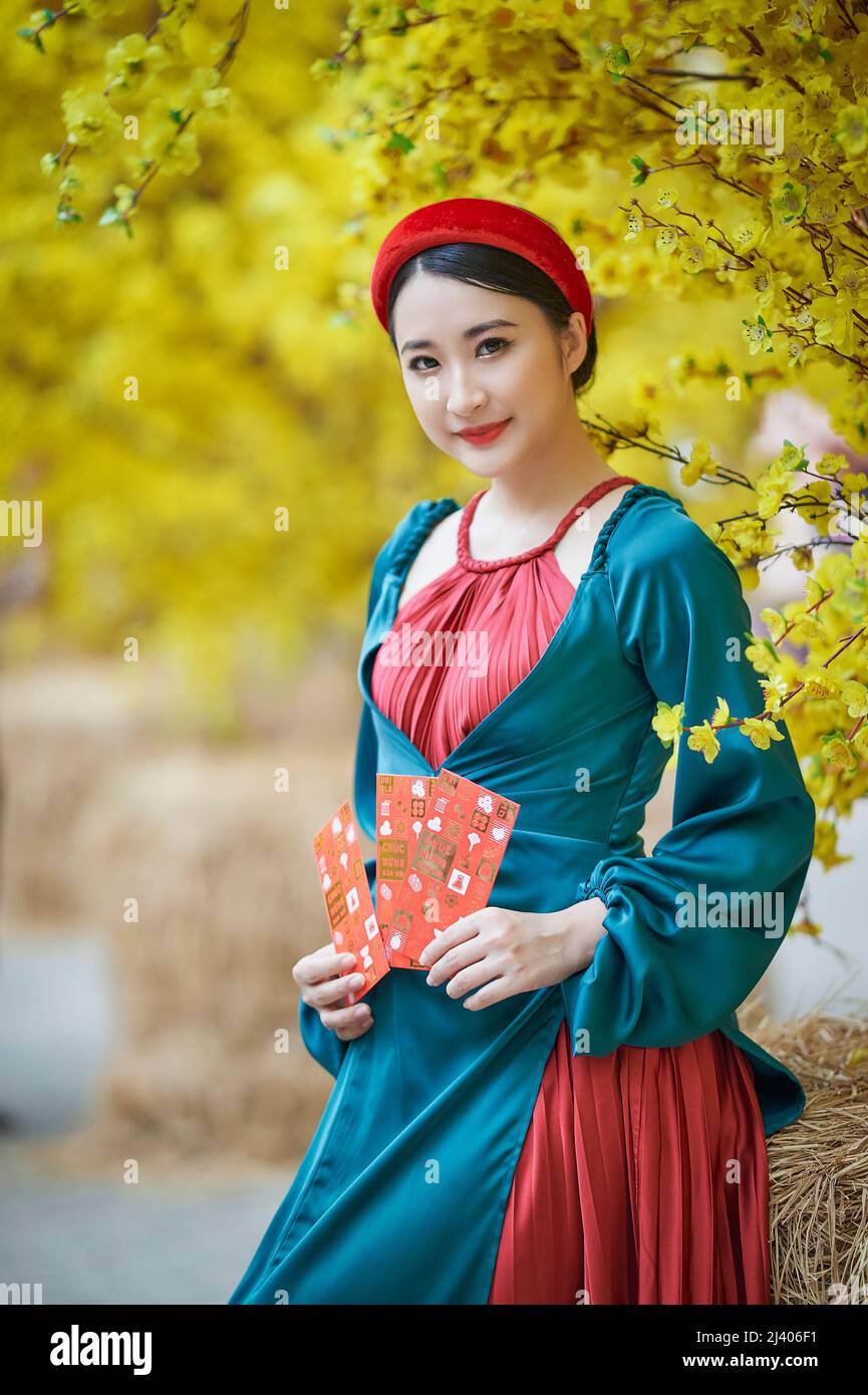 Ho Chi Minh City, Vietnam: Bella ragazza vietnamita in abiti tradizionali per celebrare il nuovo anno lunare Foto Stock
